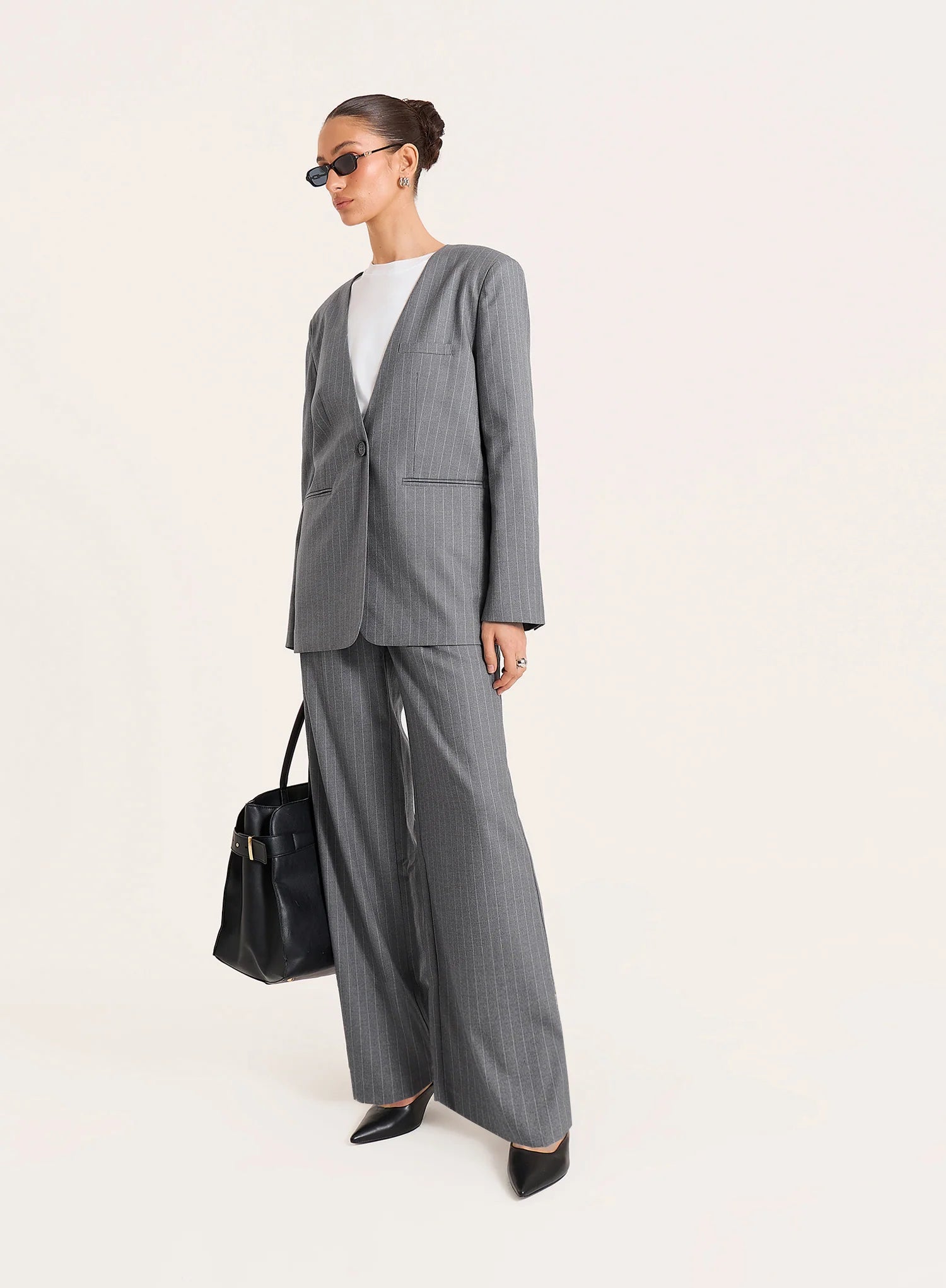Grey Pinstripe Collarless Blazer
