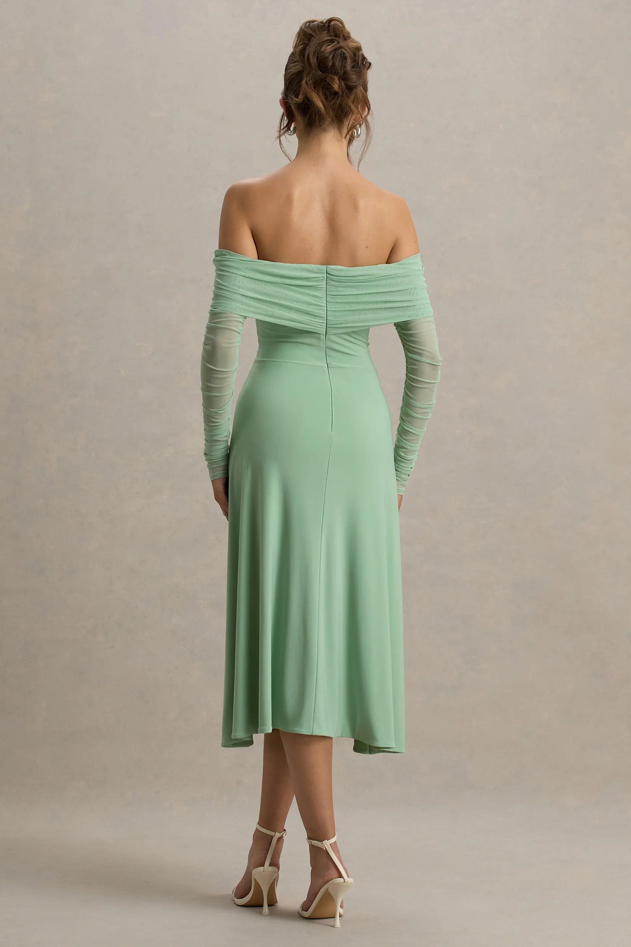 Flatter Me Light Green Bardot Midi Dress With Mesh Sleeves