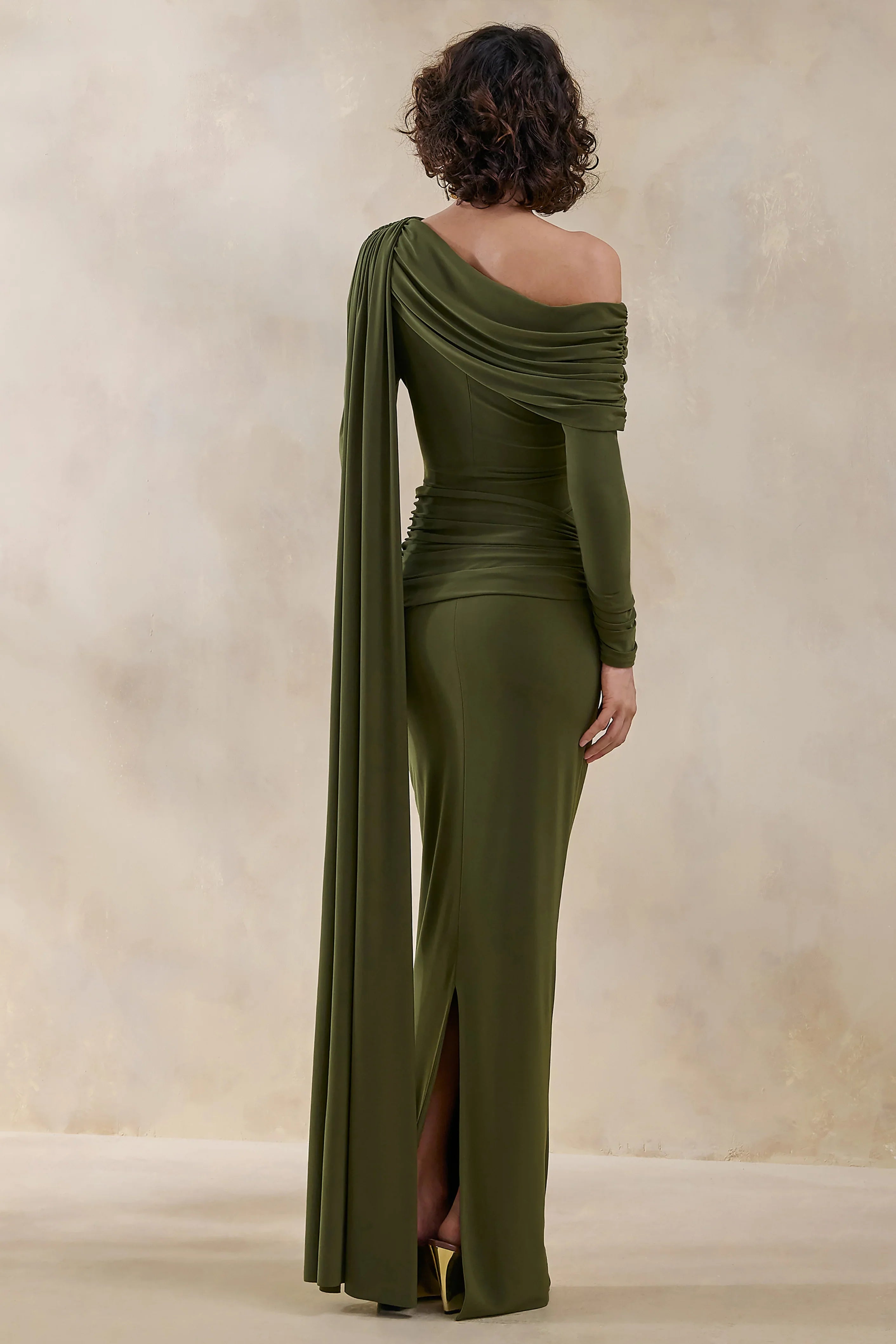 Bessy Green Asymmetric Neck Maxi Dress With Gathered Detailing And Sash