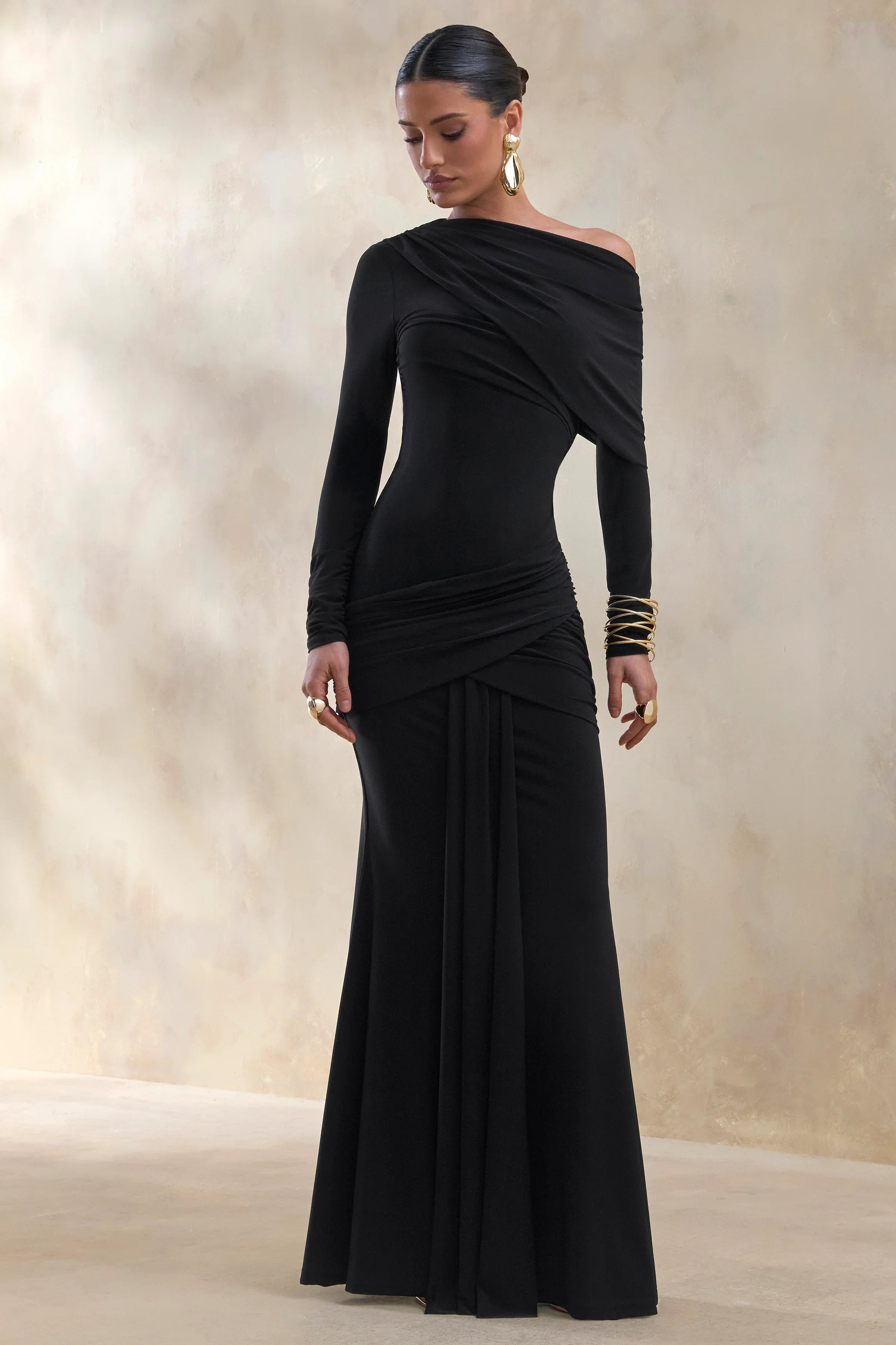 Kessara Black Asymmetric Neck Maxi Dress With Sash And Gathered Detailing