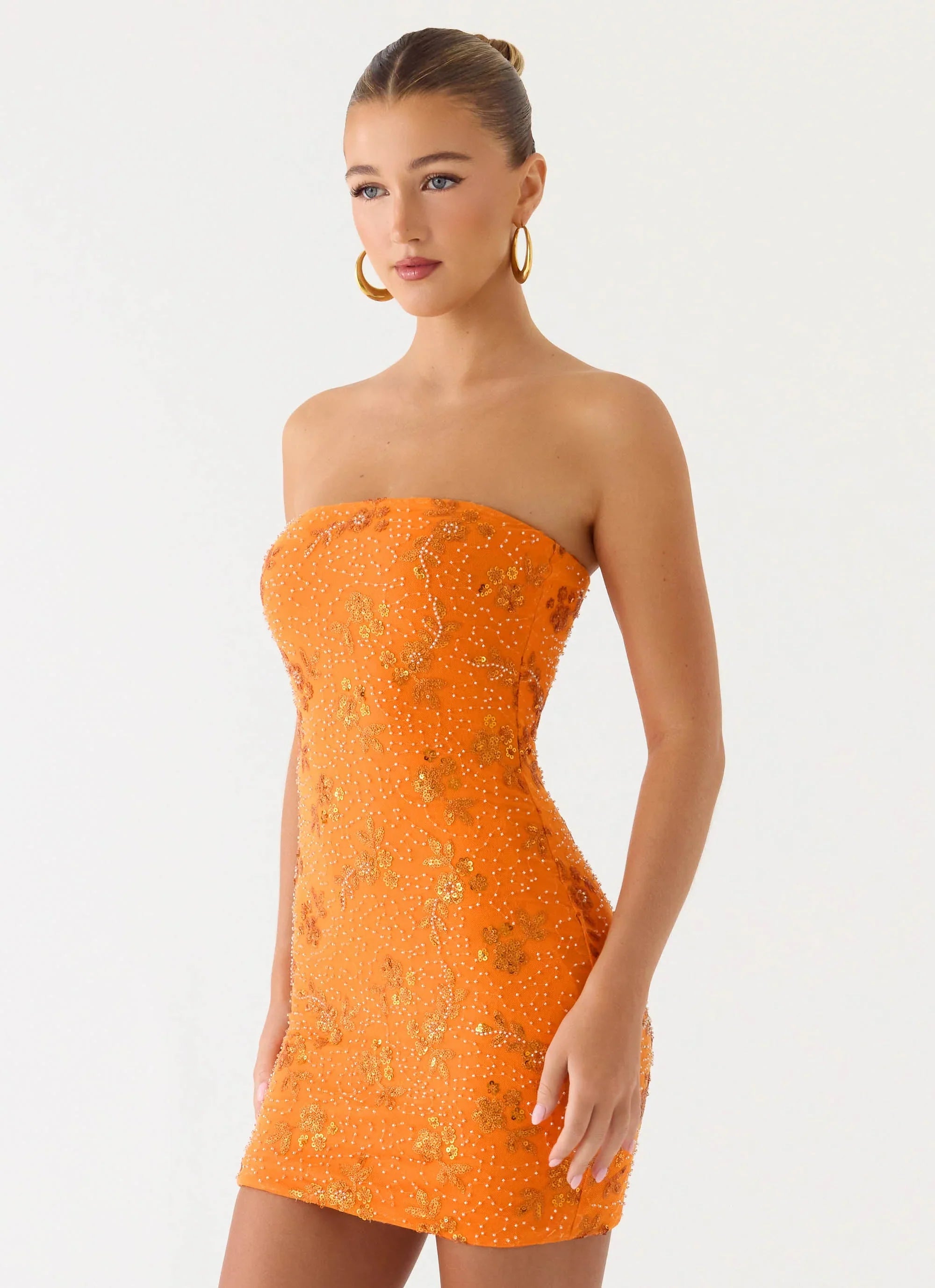 Push Back Beaded Sequin Mini Dress Orange