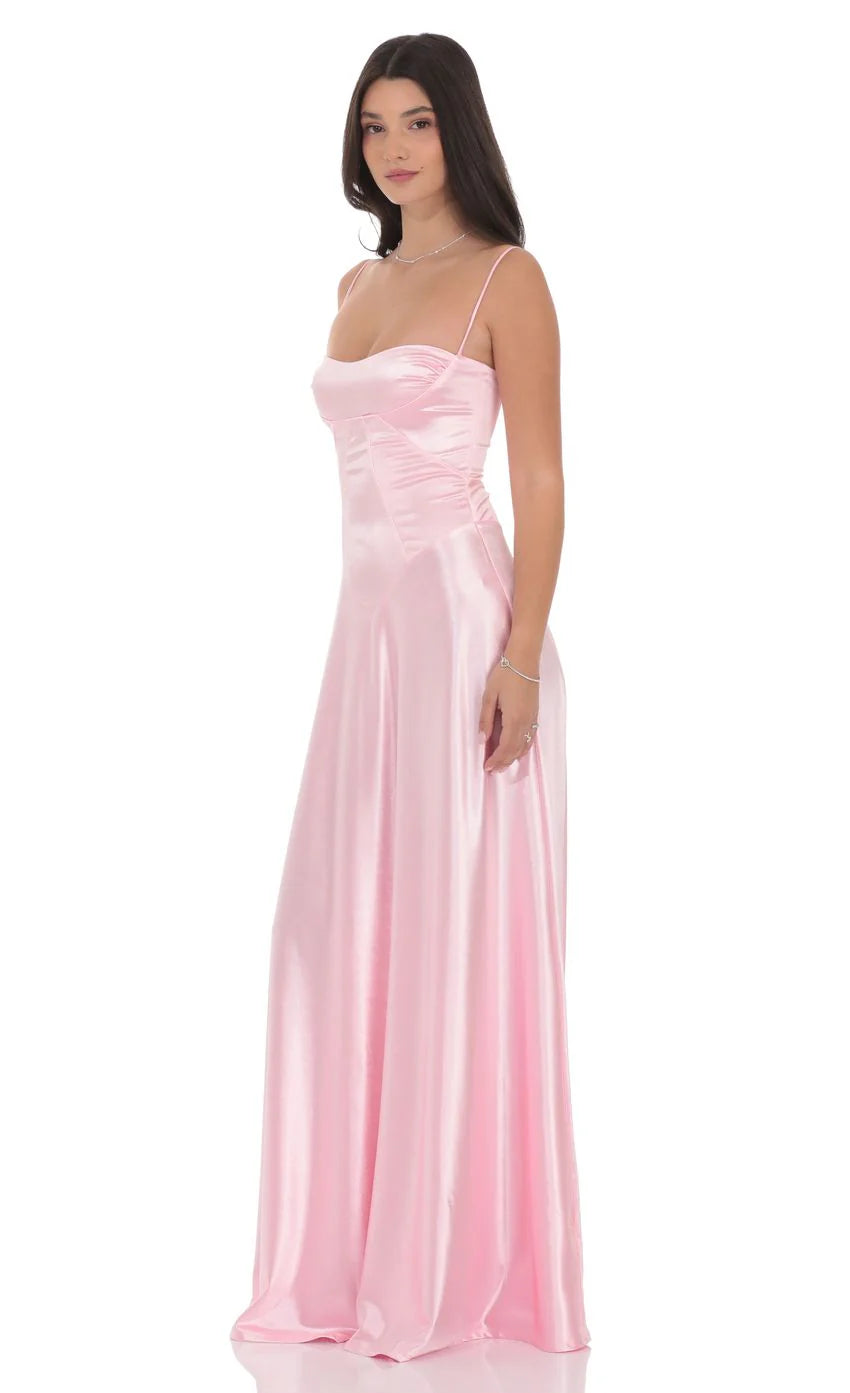 Satin Square Neck Maxi Dress in Pink