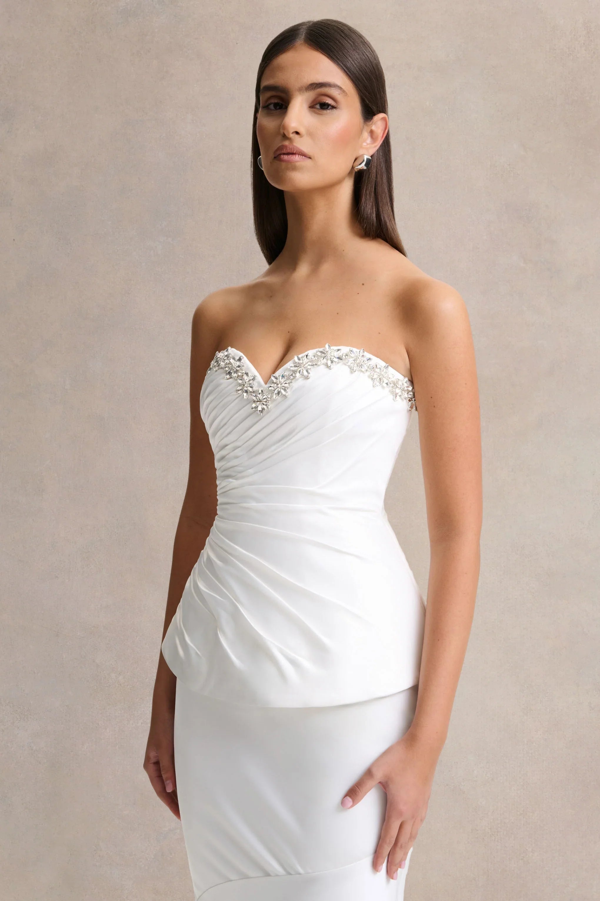 Ambria White Satin Hand Embellished Sweetheart Neck Corset Top
