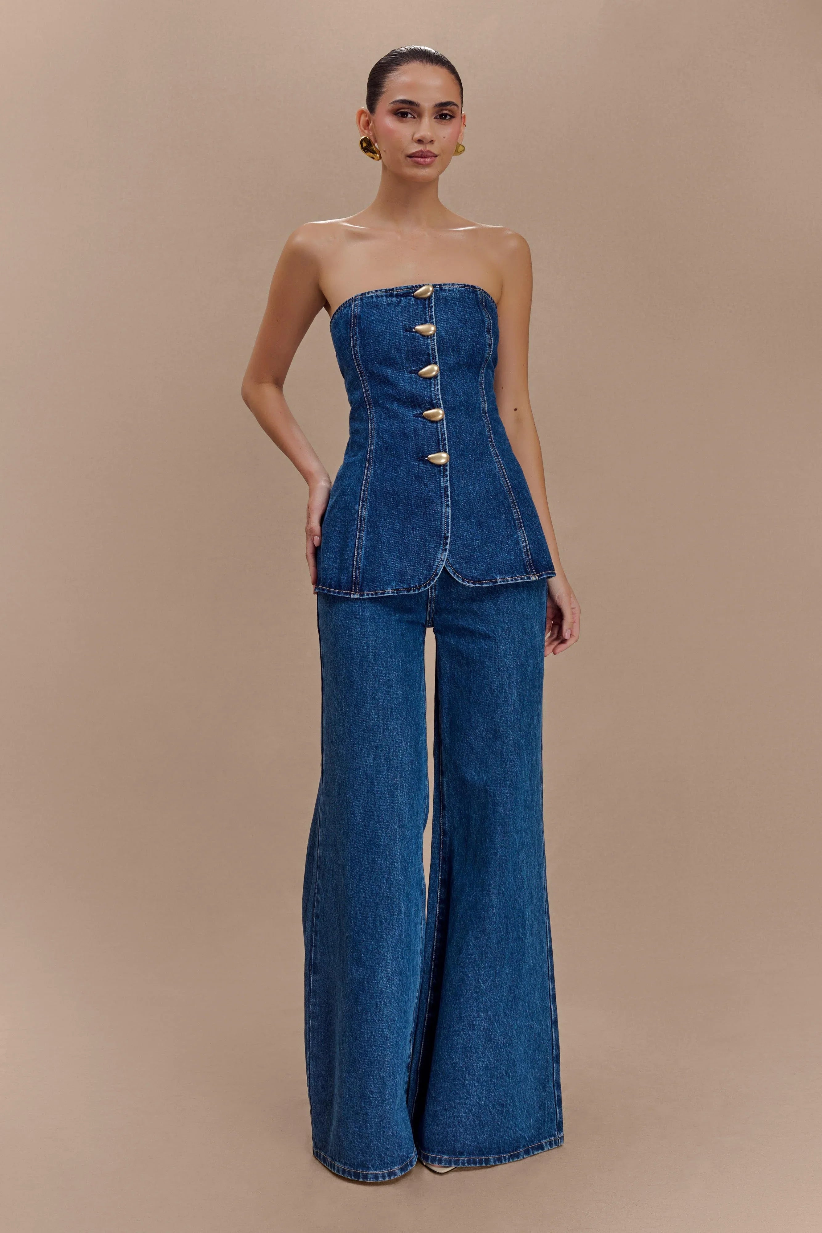 Lennox Strapless Long Line Button Top Dark Blue