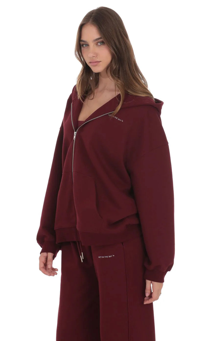 Oversize Zip Up Hoodie in Burgundy