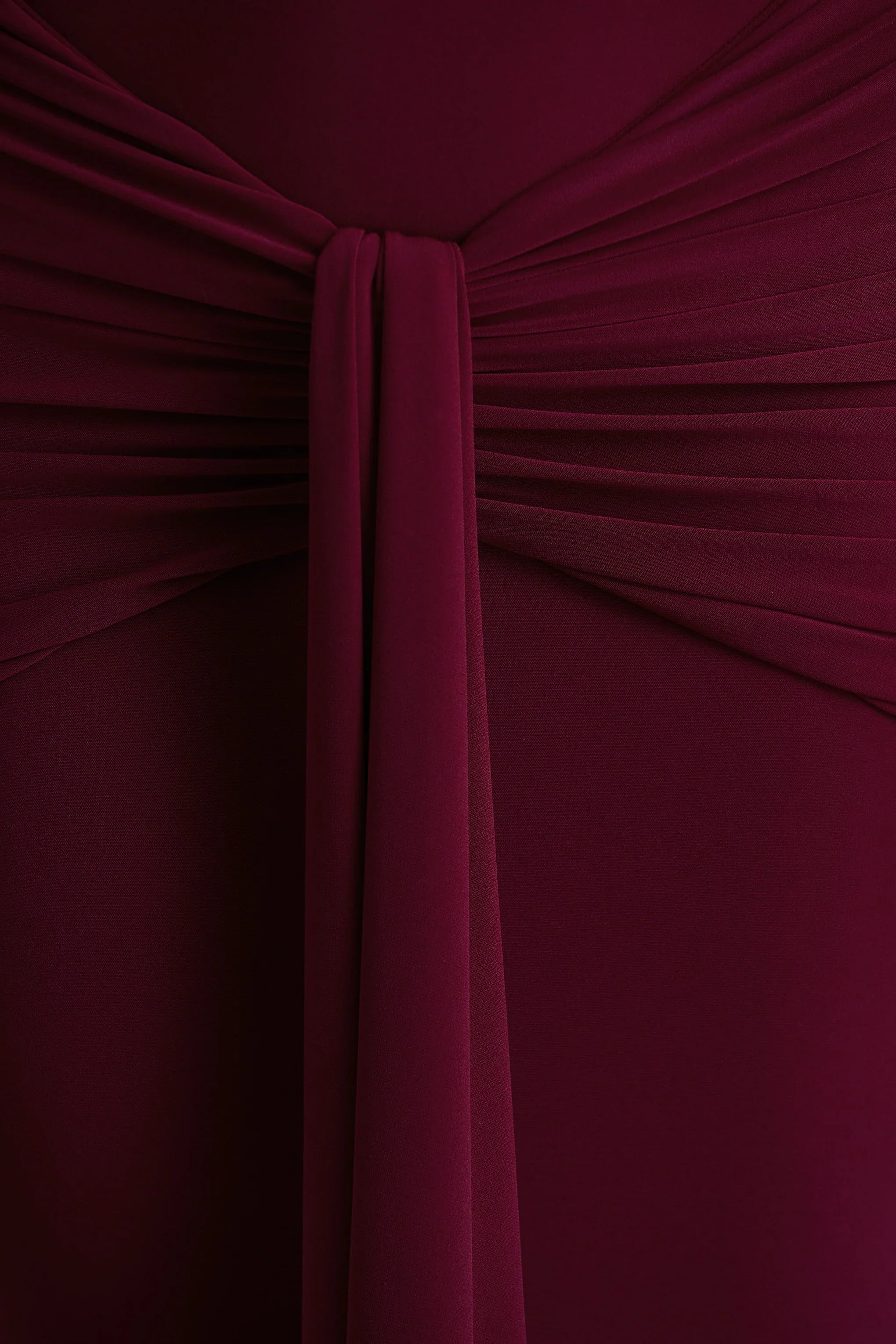 Envisioned Burgundy Bardot Neck Maxi Dress With Gathered And Drape Detail