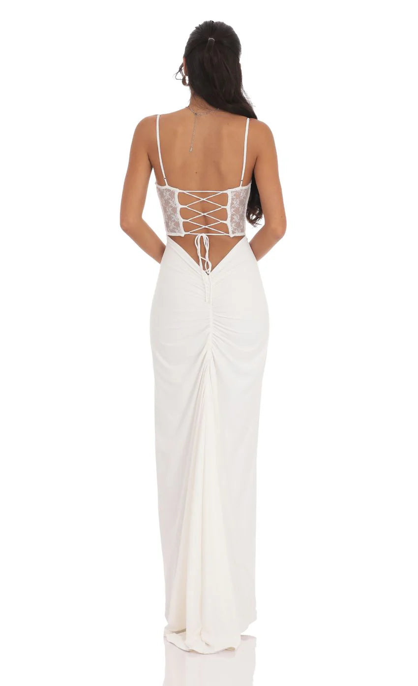 Shimmer Lace Cutout Maxi Dress in White