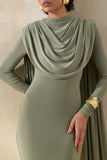 Lysoria Olive High Neck Maxi Dress With Draped Detailing And Cape Sleeves