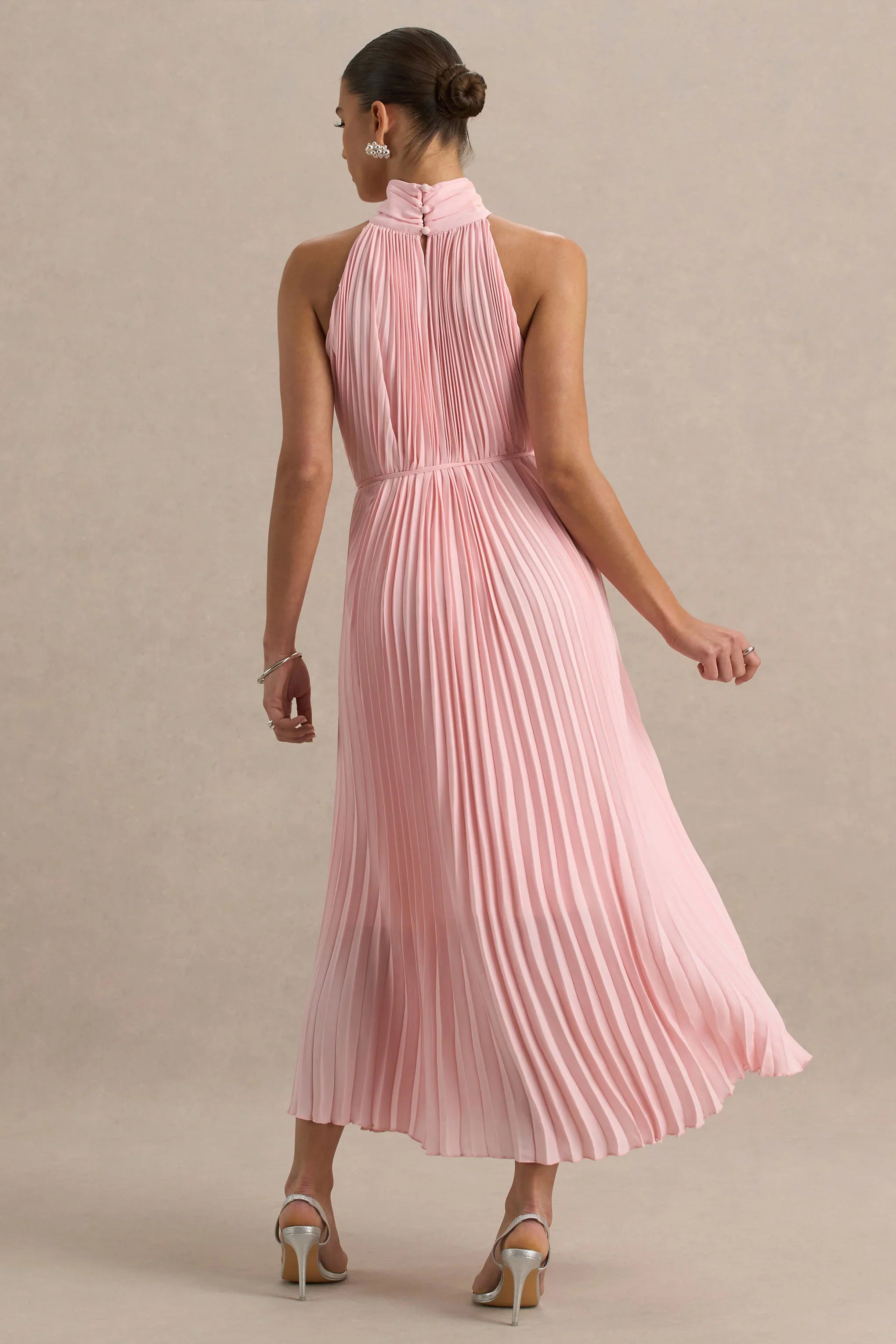 Tulip Blush Pink Pleated High Neck Midi Dress