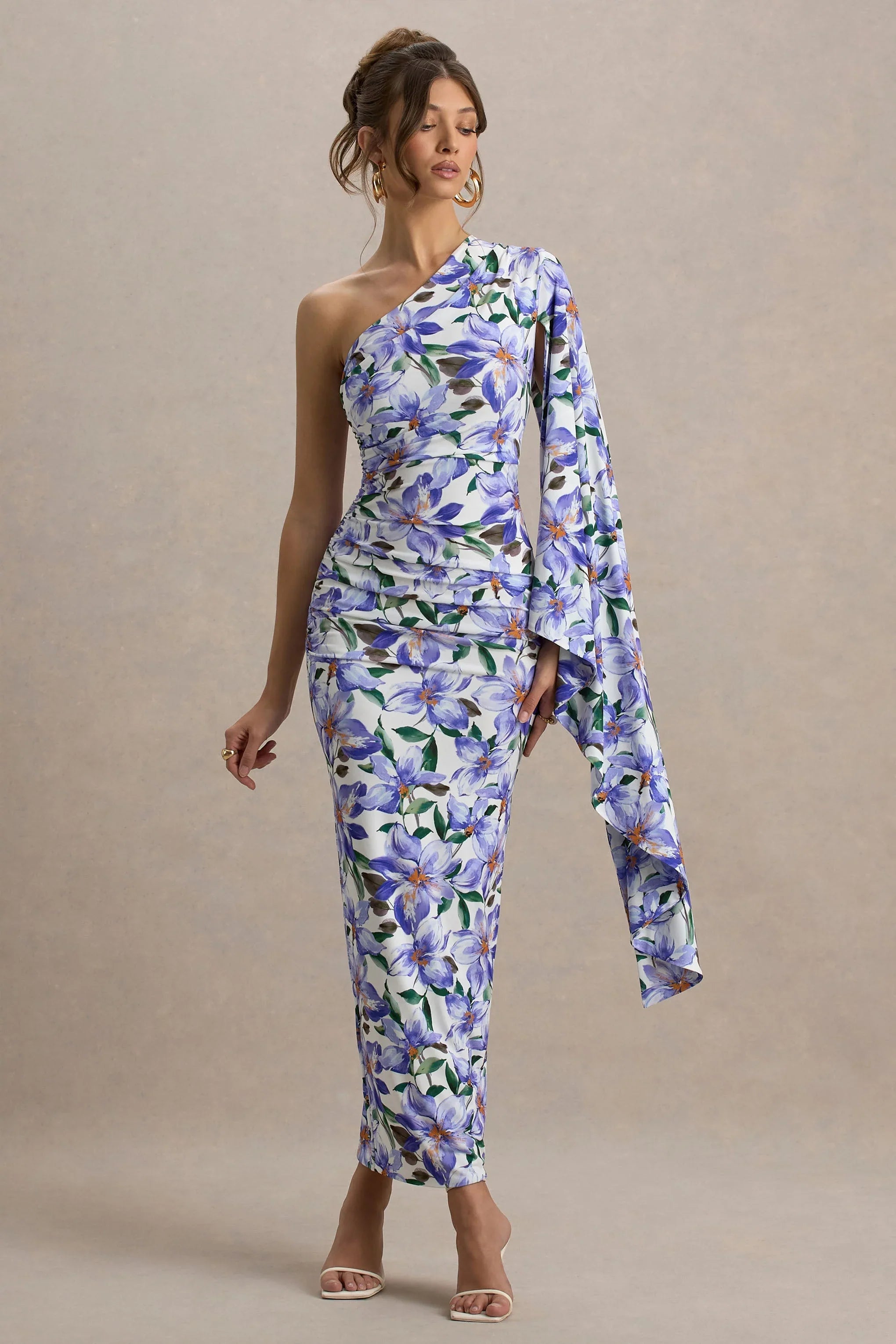 Clementina Purple Lily Print Asymmetric Cape Sleeve Maxi Dress