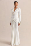 Palerma White Draped Cowl Neck Maxi Dress With Gathered Detailing