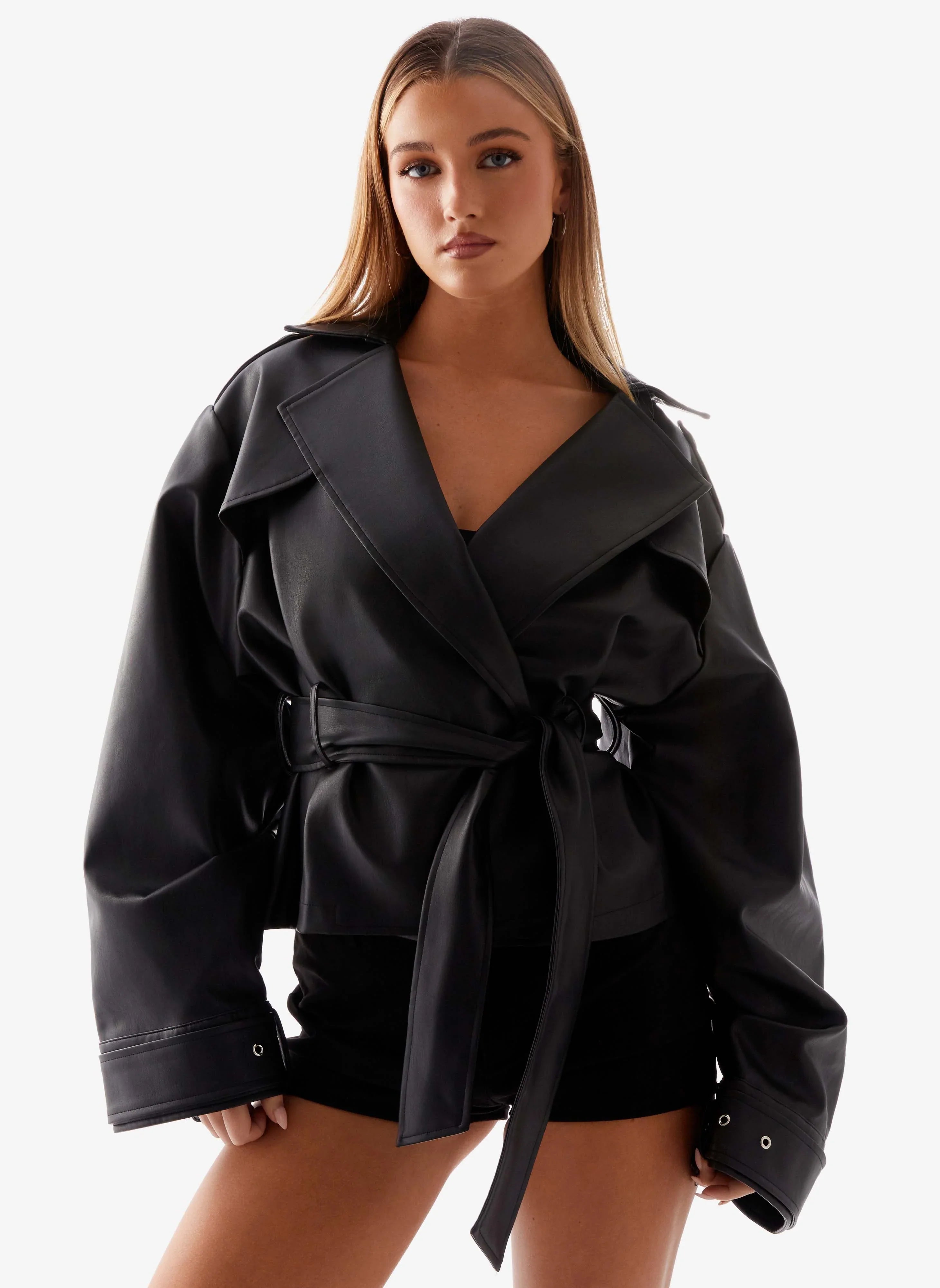 Midtown Faux Leather Trench Black