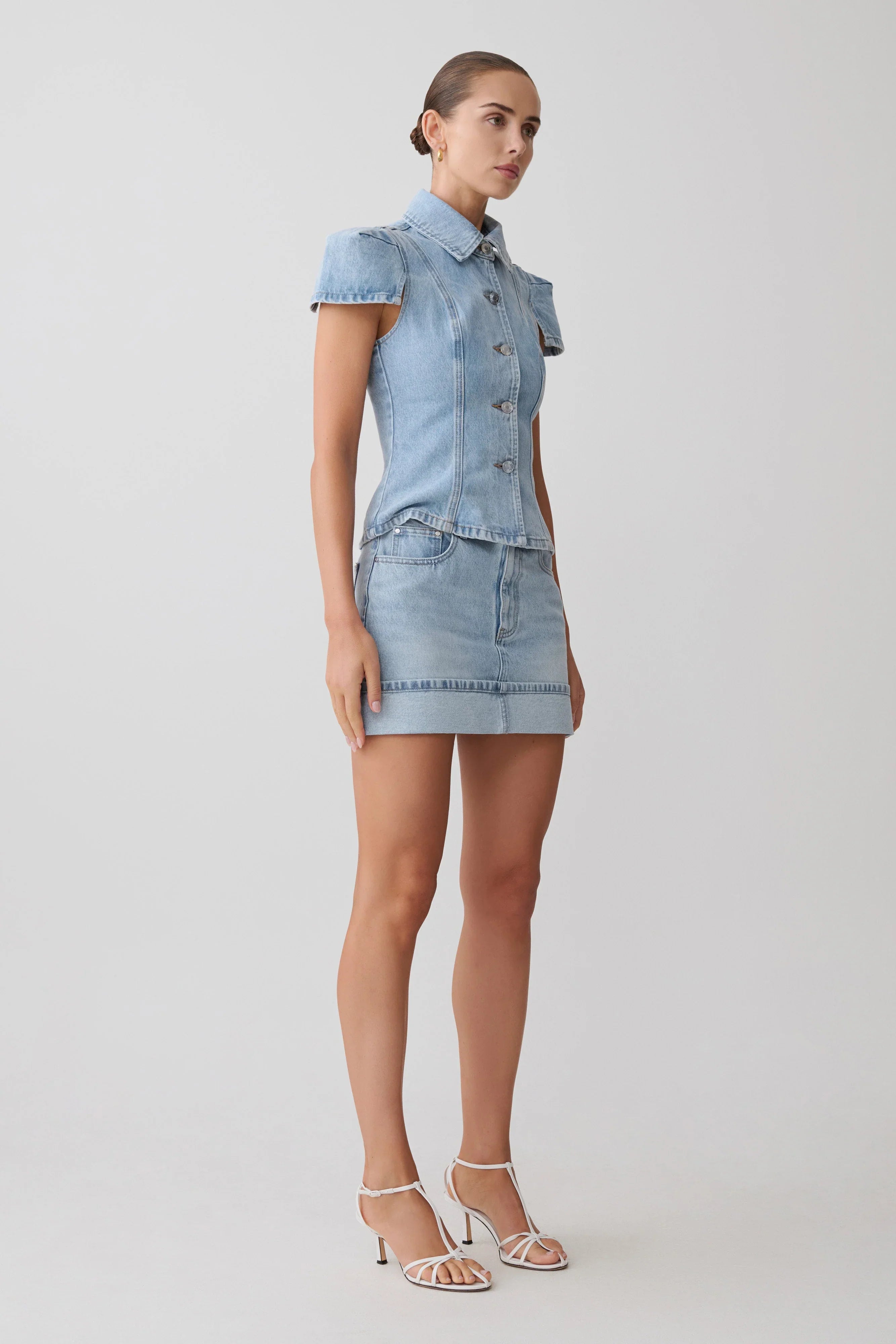 Lakoda Cuffed Denim Mini Skirt Washed Light Blue