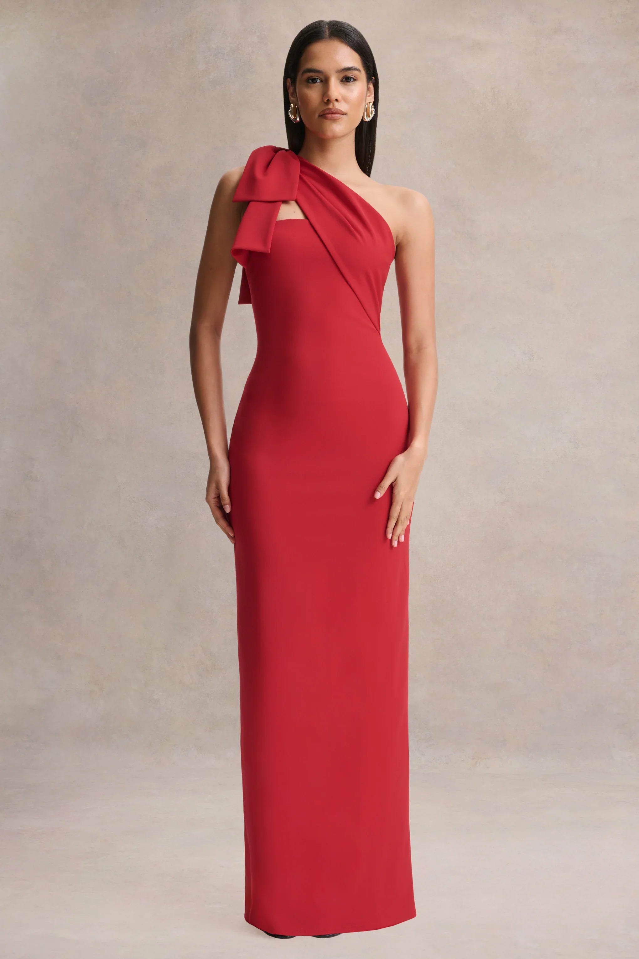 Adara Red Asymmetric Neck Maxi Dress With Bow Detail