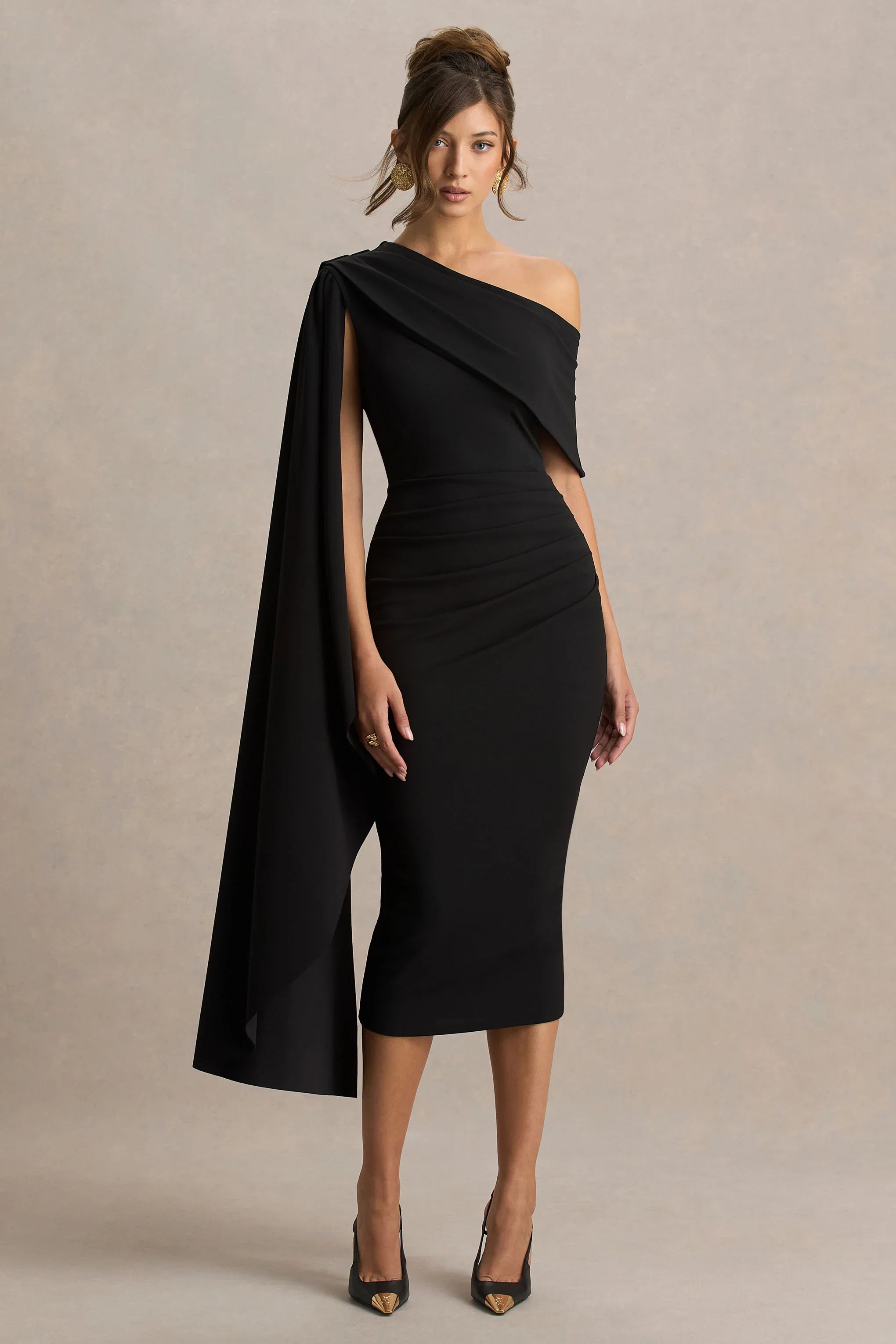Leah Black Asymmetric Neck Midi Dress With Cape Sleeve
