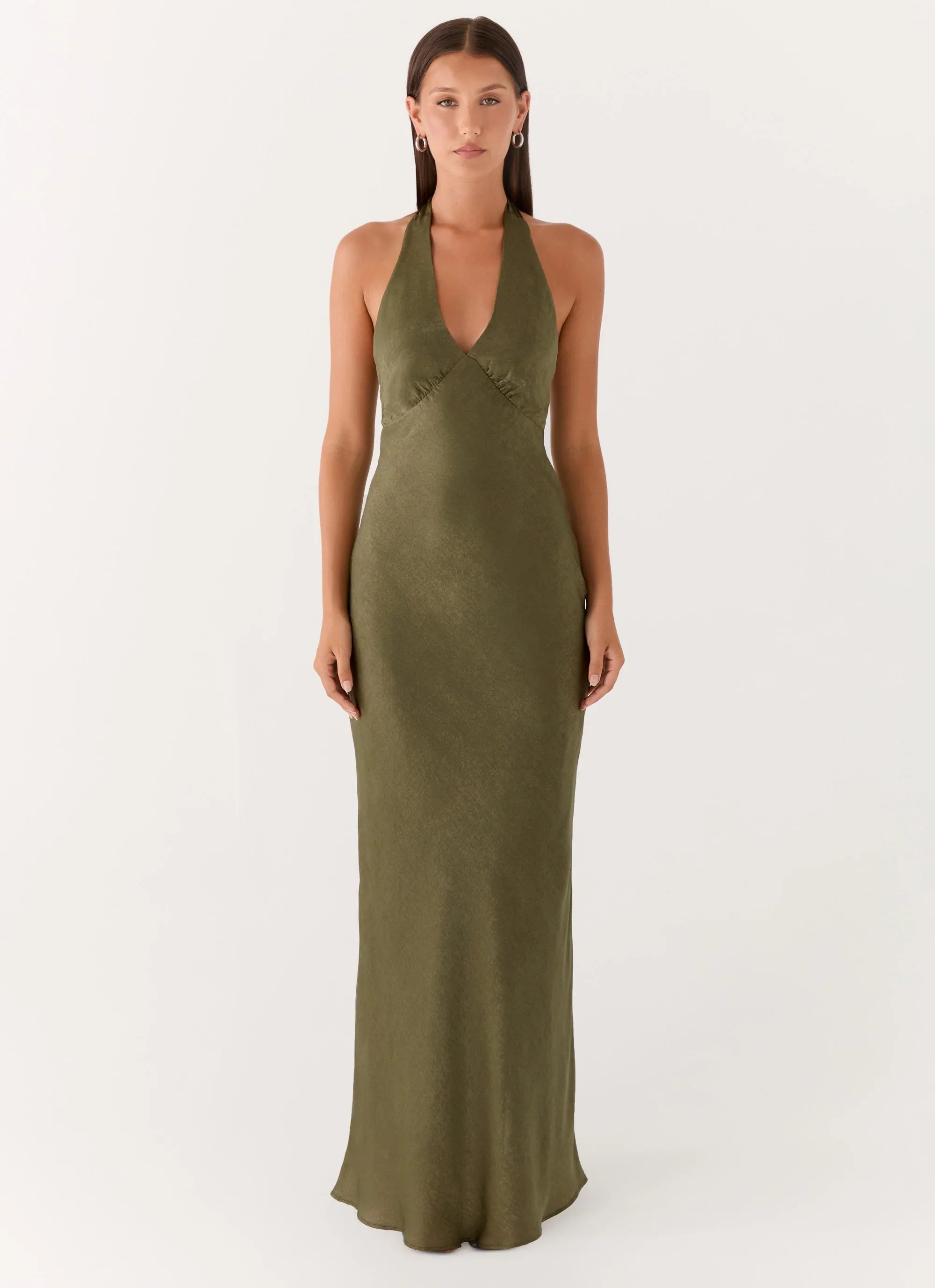 Heavy Hearted Satin Maxi Dress Khaki