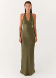 Heavy Hearted Satin Maxi Dress Khaki