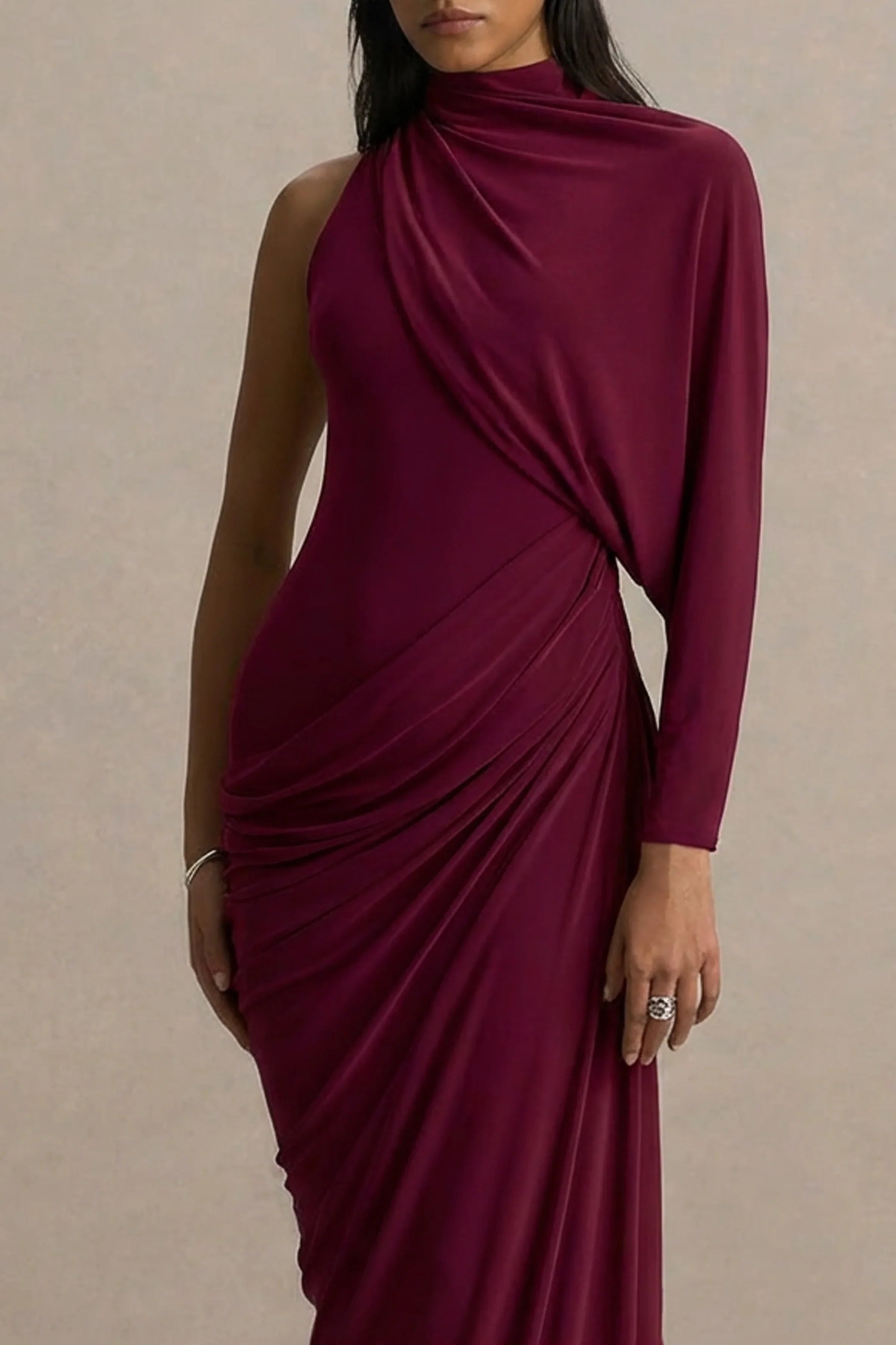 Aphra Burgundy High Neck Maxi Dress With Cape Sleeve