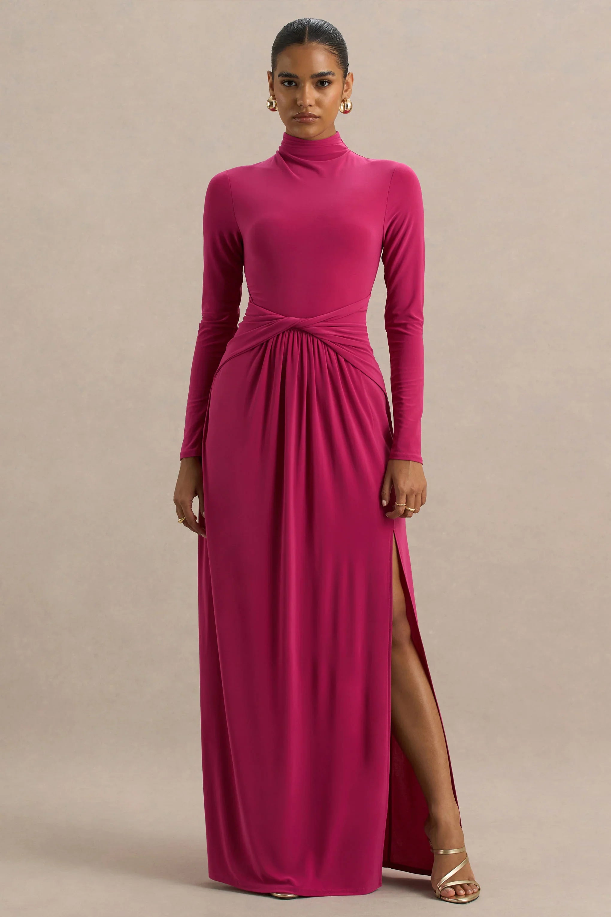 Hourglass Hot Pink Long Sleeve Twisted Maxi Dress With Split