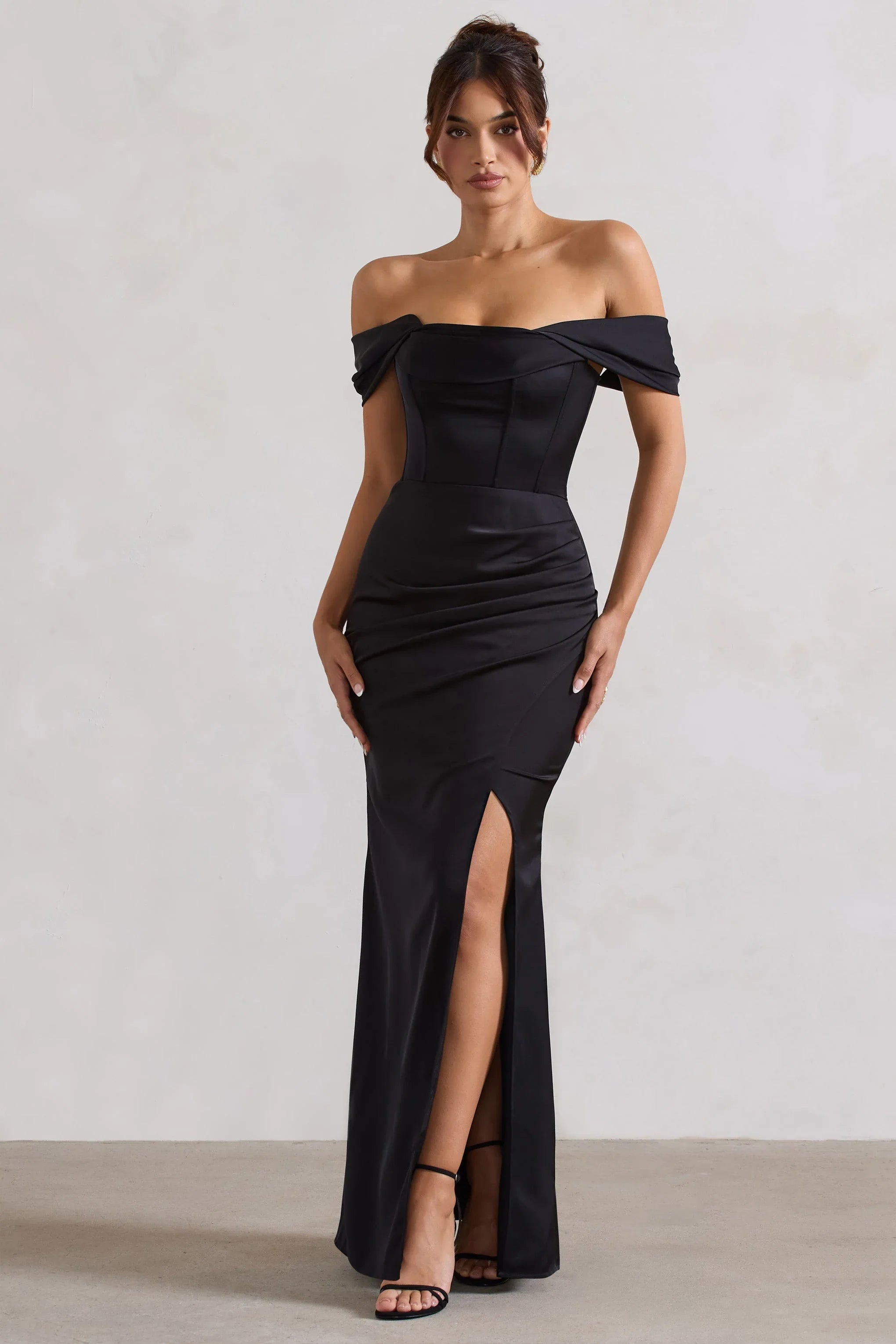 Kimberly Black Bardot Satin Maxi Dress