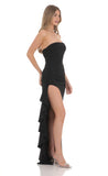 Strapless Ruched Ruffle Maxi Dress in Black
