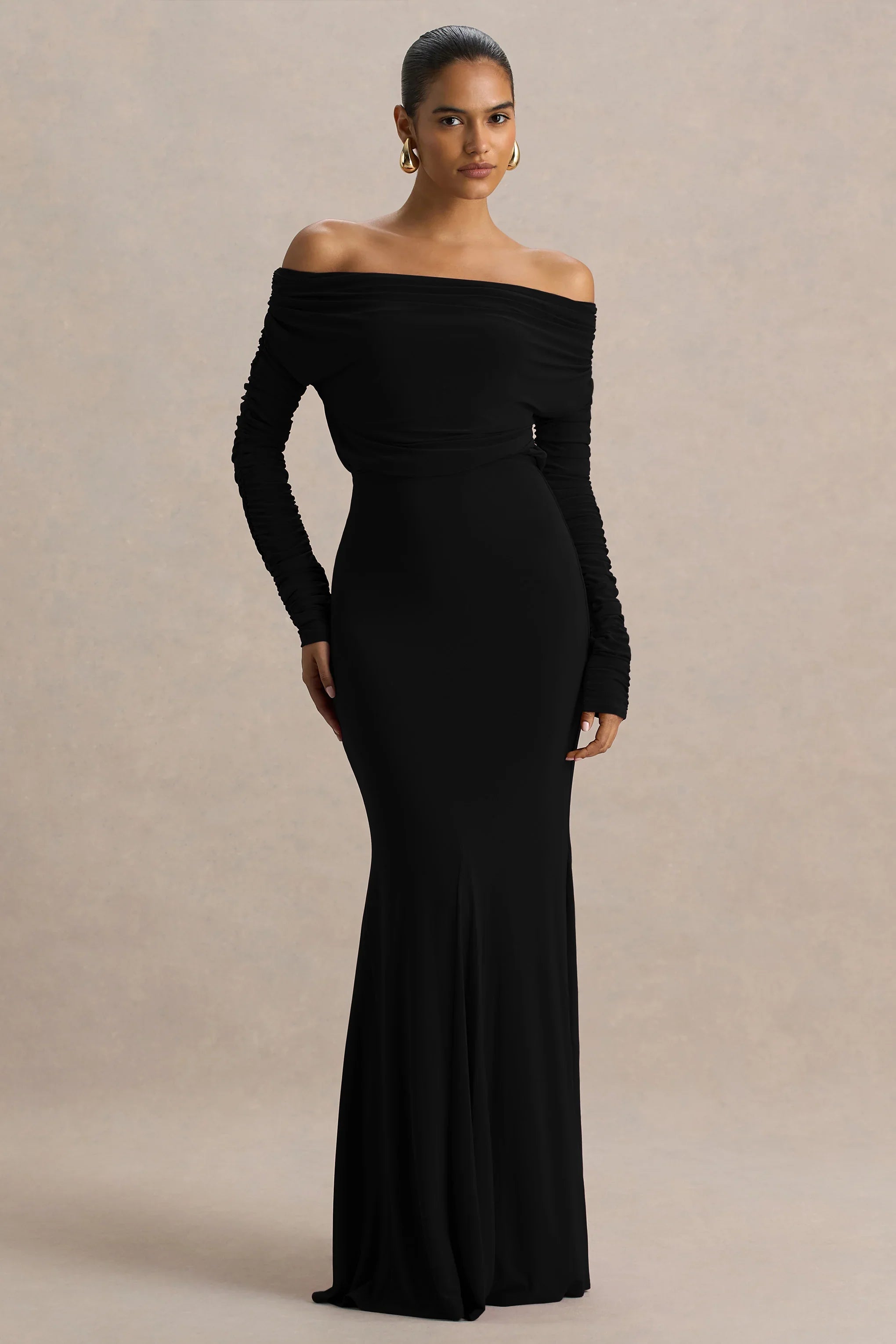 Cilla Black Bardot Neck Maxi Dress With Ruched Detailing