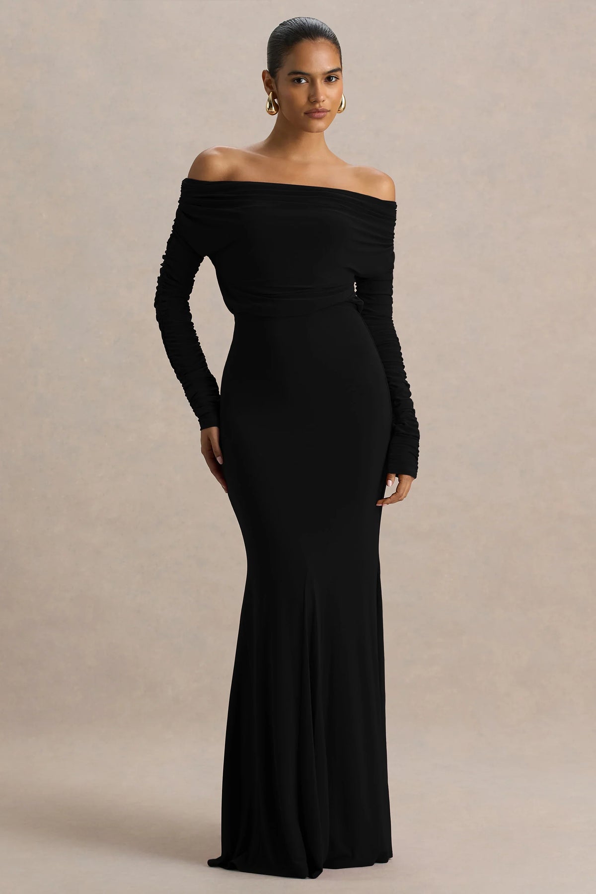 Cilla Black Bardot Neck Maxi Dress With Ruched Detailing