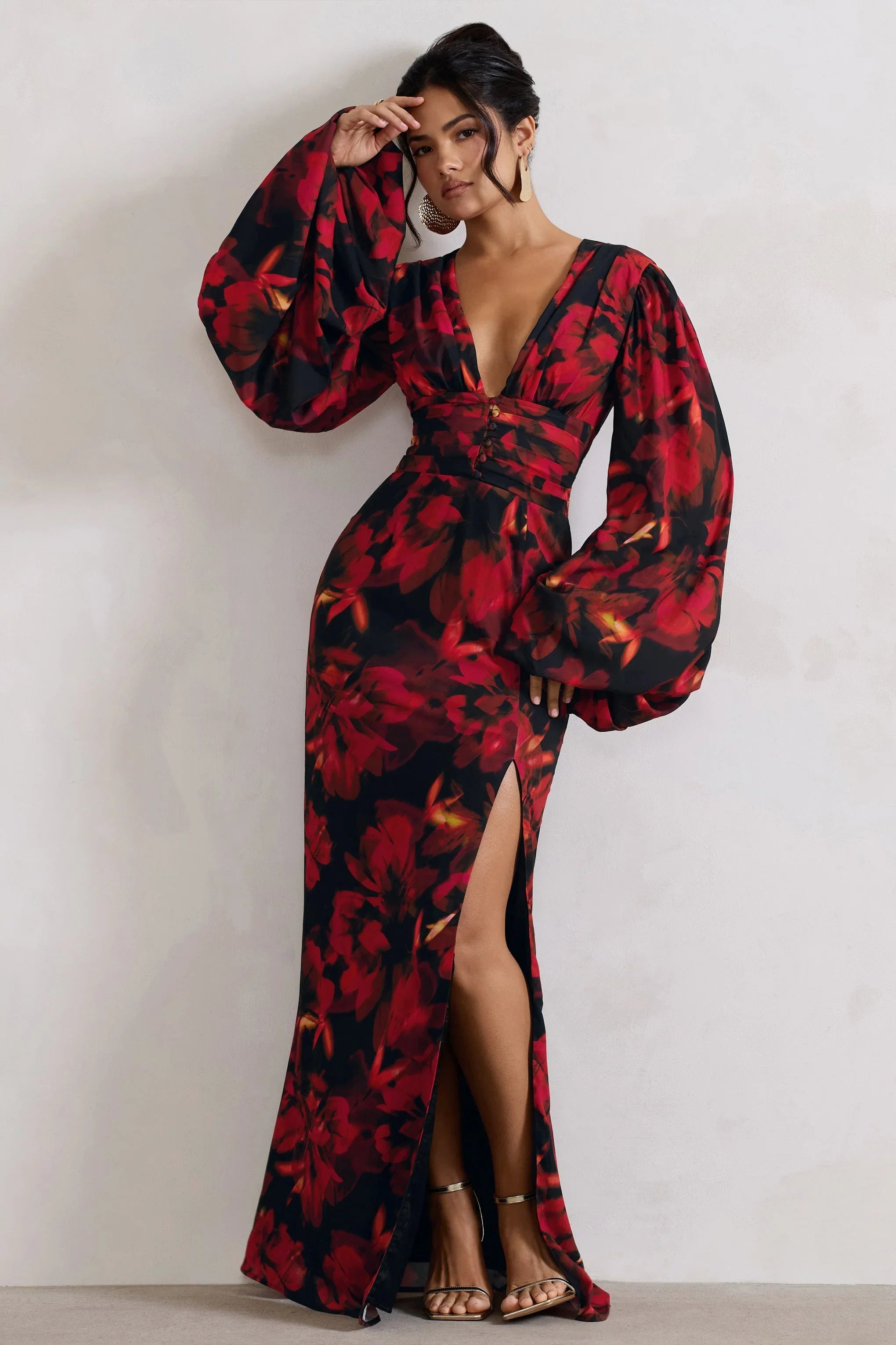 Casarile Red Floral Print V Neck Balloon Sleeve Maxi Dress
