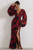 Casarile Red Floral Print V Neck Balloon Sleeve Maxi Dress