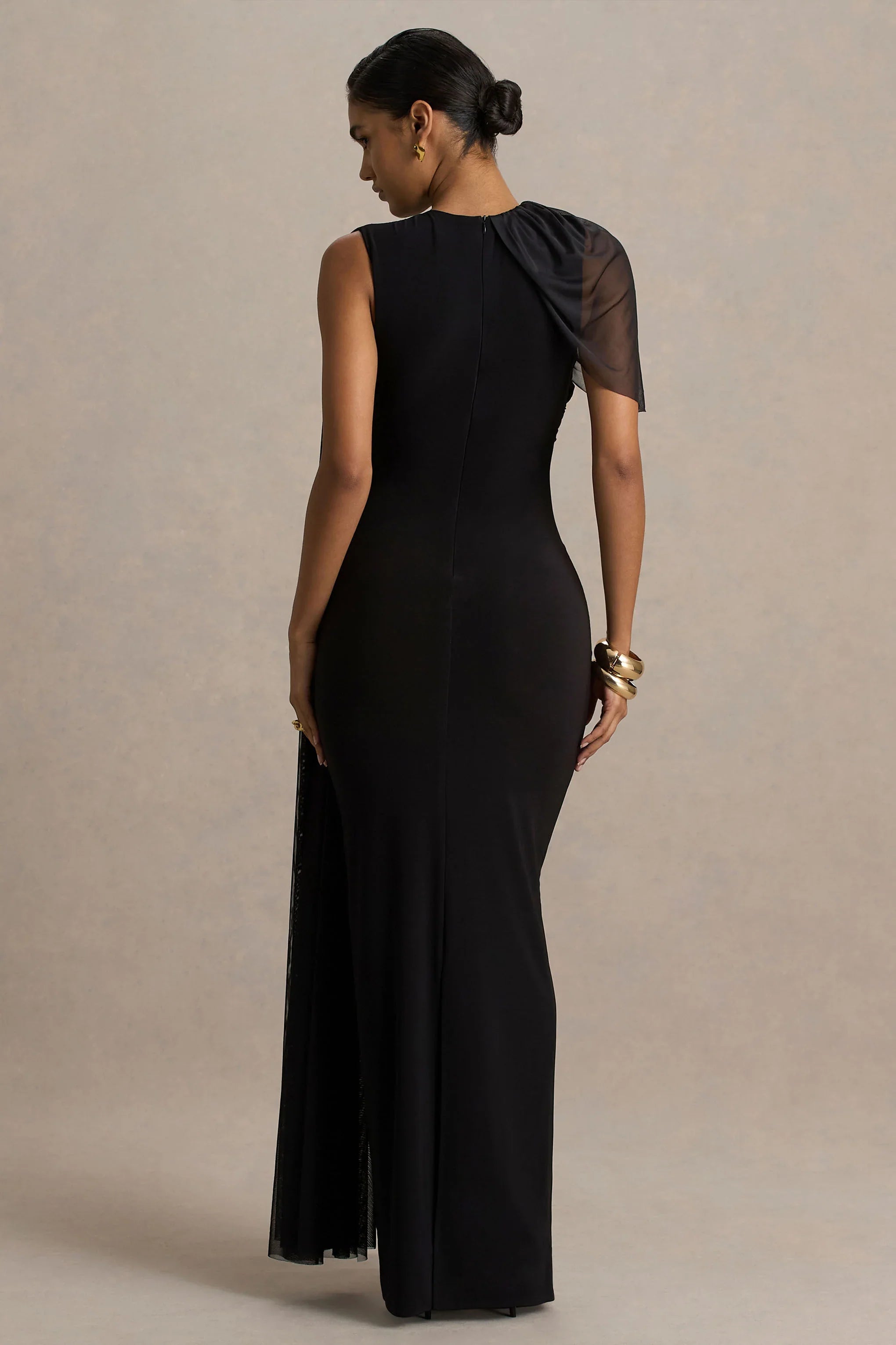 Brenda Black Crew Neck Maxi Dress With Mesh Cape And Sash