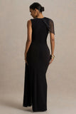 Brenda Black Crew Neck Maxi Dress With Mesh Cape And Sash
