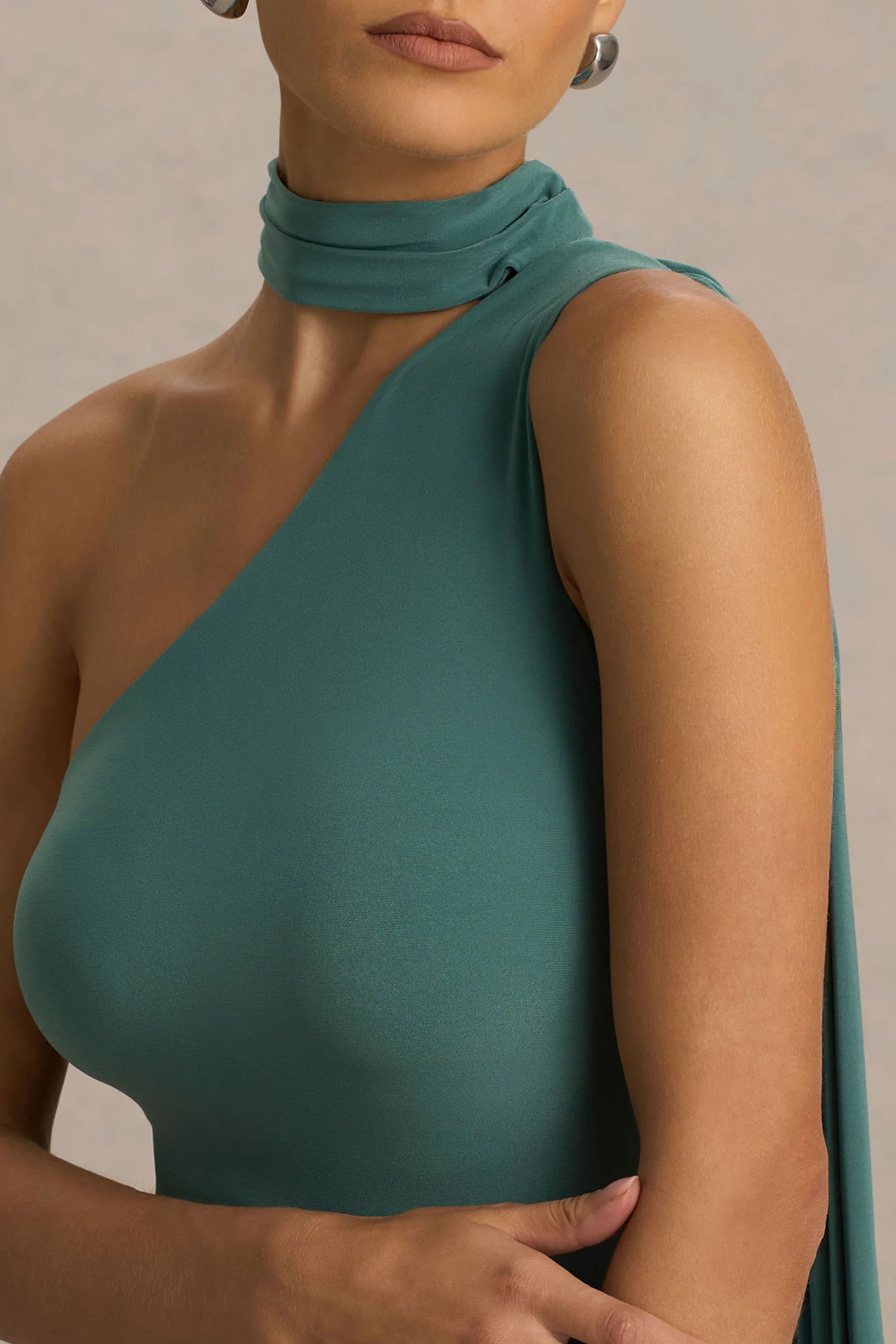 Freesia Teal Asymmetric Neck Maxi Dress With Scarf Detail