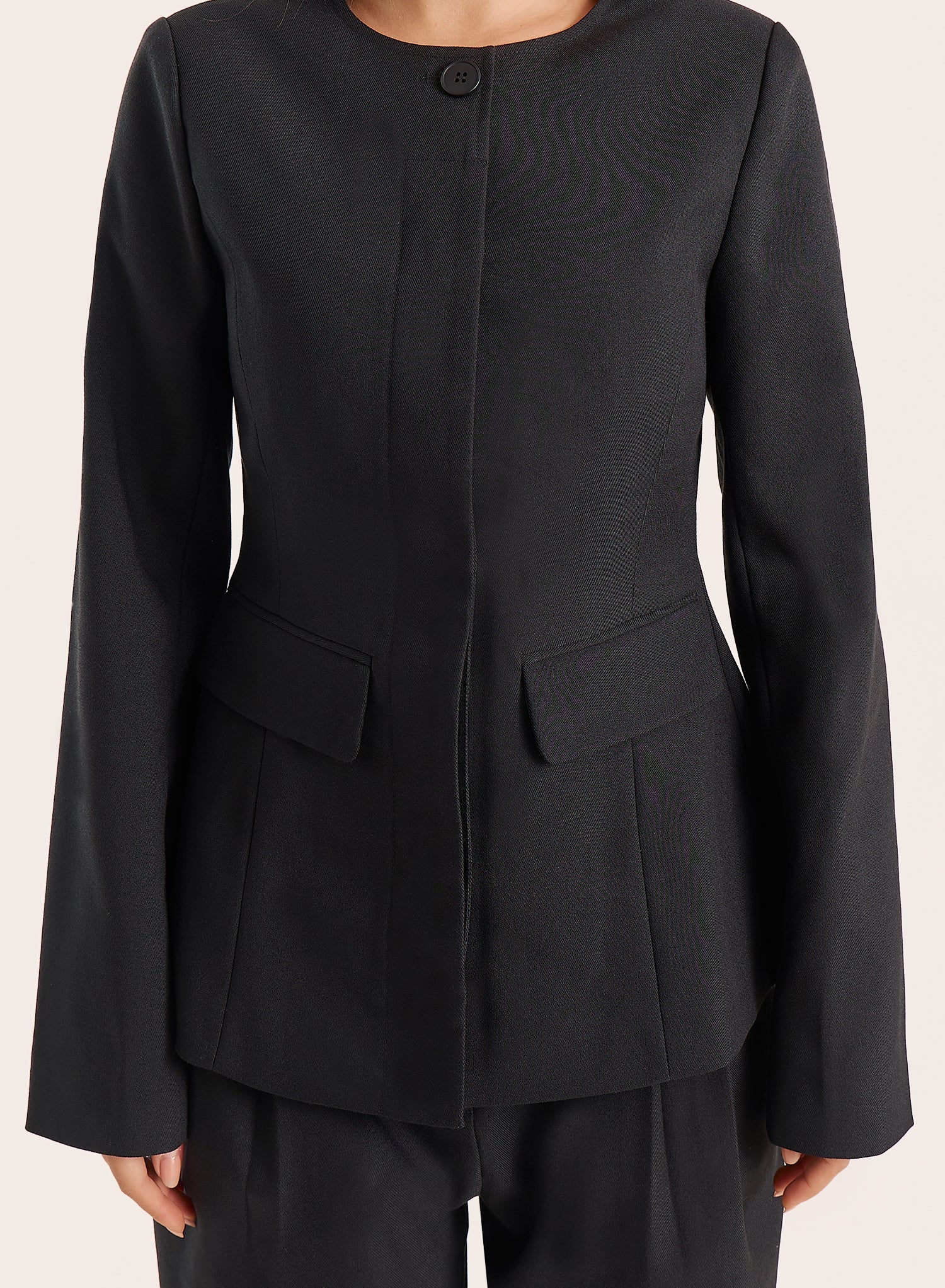 Black Collarless Cinched Waist Tailored Blazer