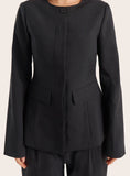 Black Collarless Cinched Waist Tailored Blazer