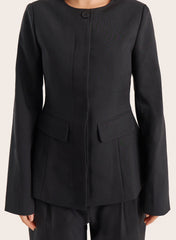 Black Collarless Cinched Waist Tailored Blazer