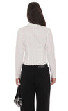 Pinstripe Ruffle Hem Button Up Shirt in White