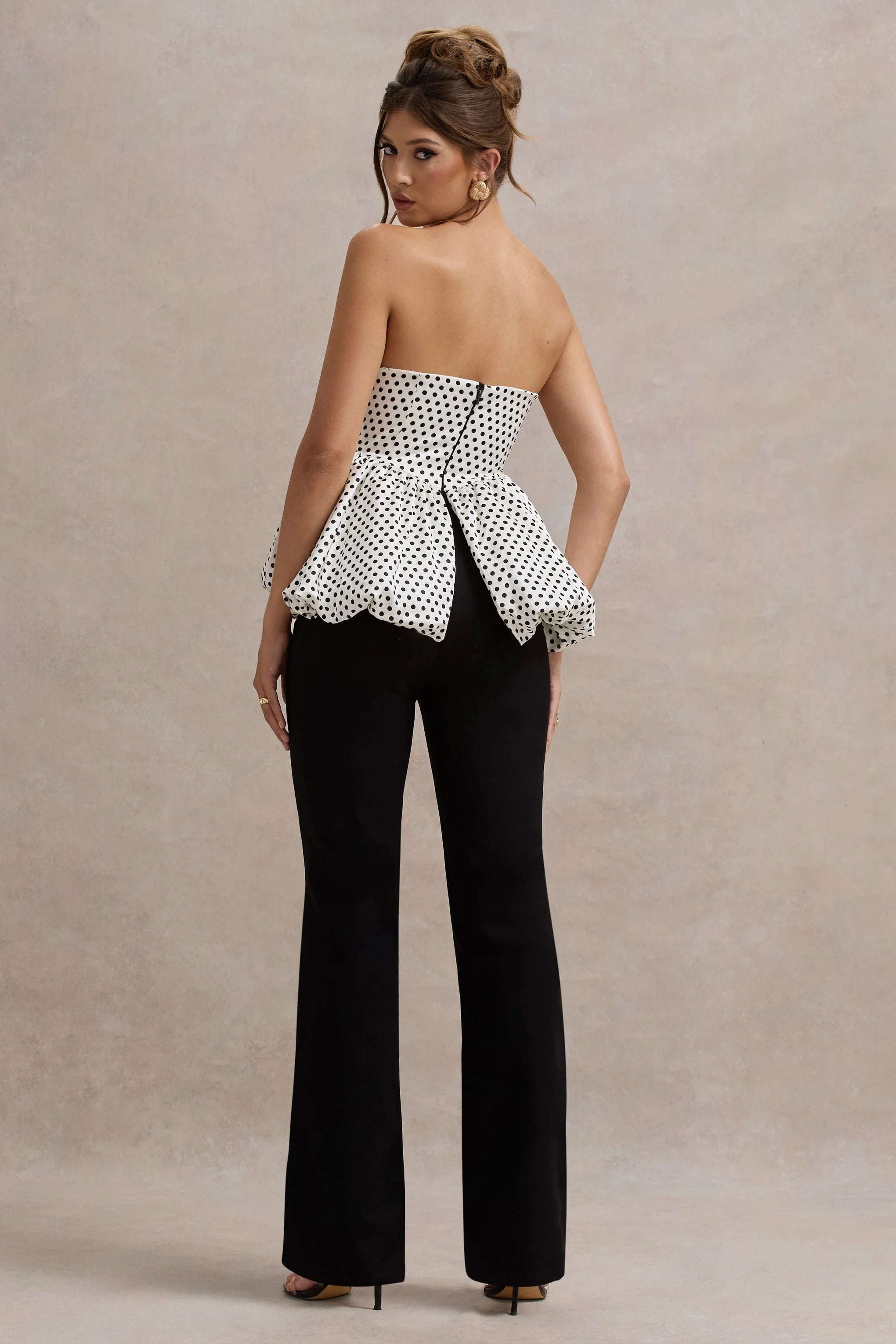 Divina White Black Polka Dot Strapless Ruffled Jumpsuit