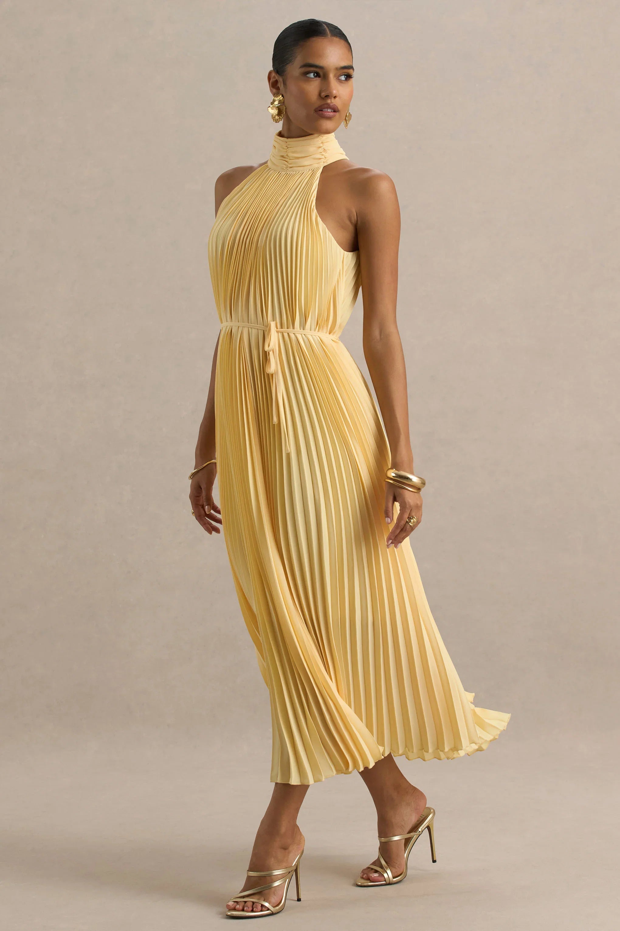 Tulip Lemon Pleated High Neck Midi Dress
