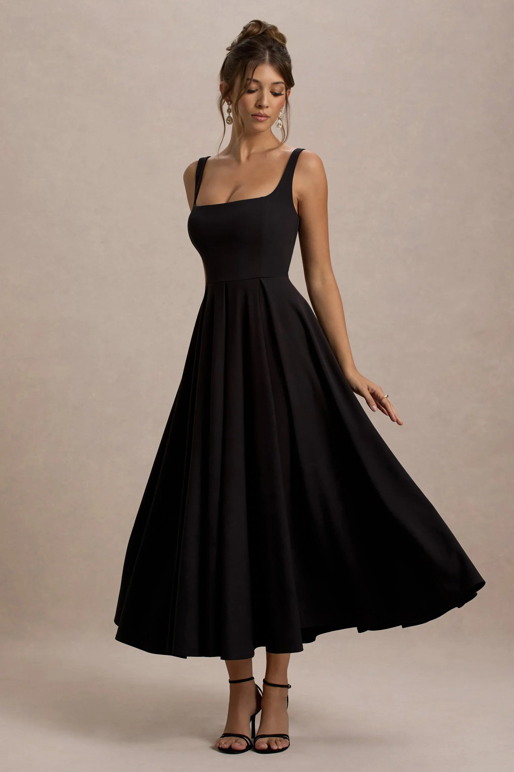 Parina Black Strappy Volume Hem Midi Dress
