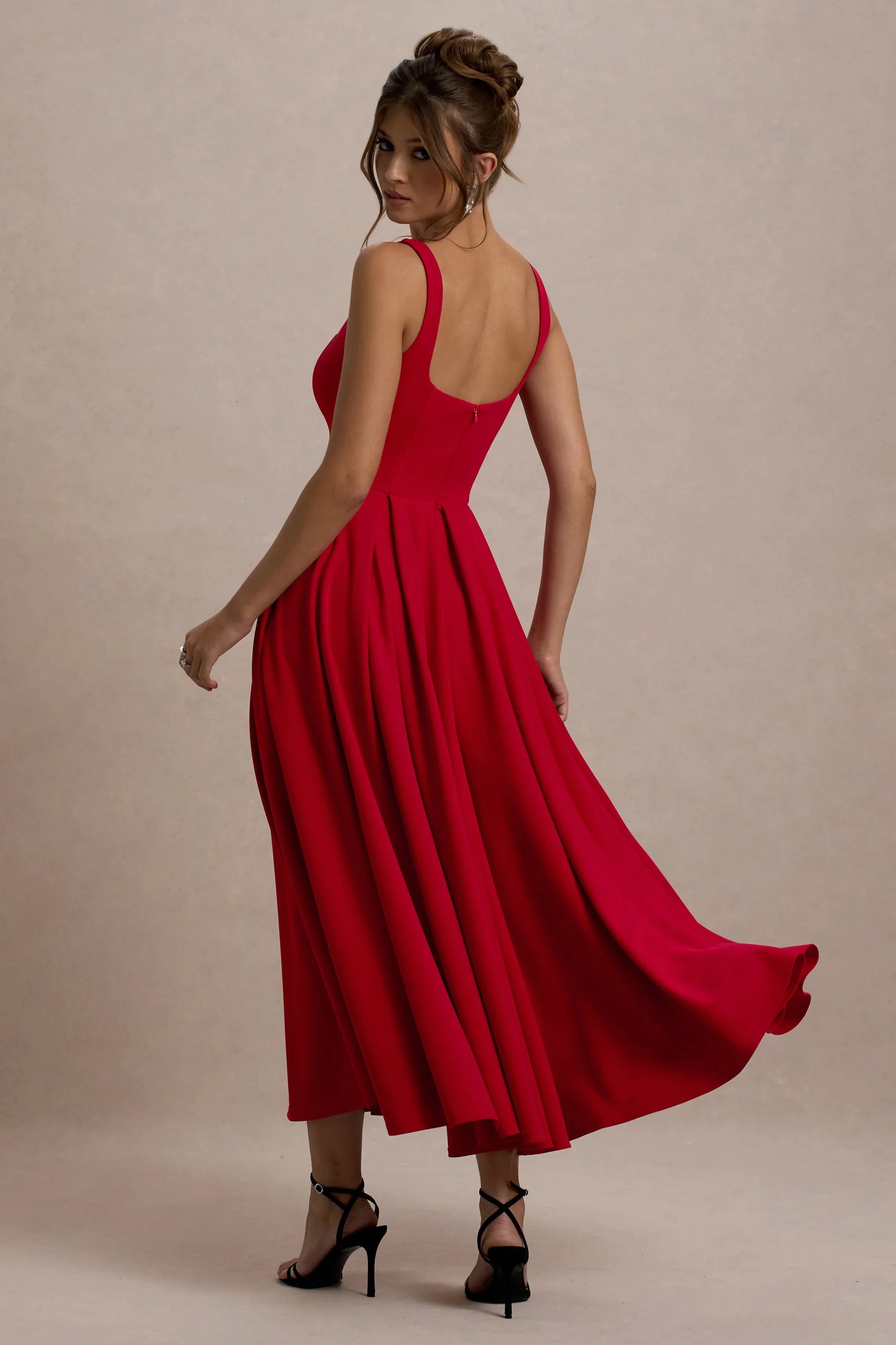 Parina Red Strappy Volume Hem Midi Dress