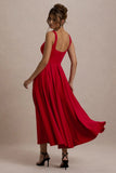 Parina Red Strappy Volume Hem Midi Dress