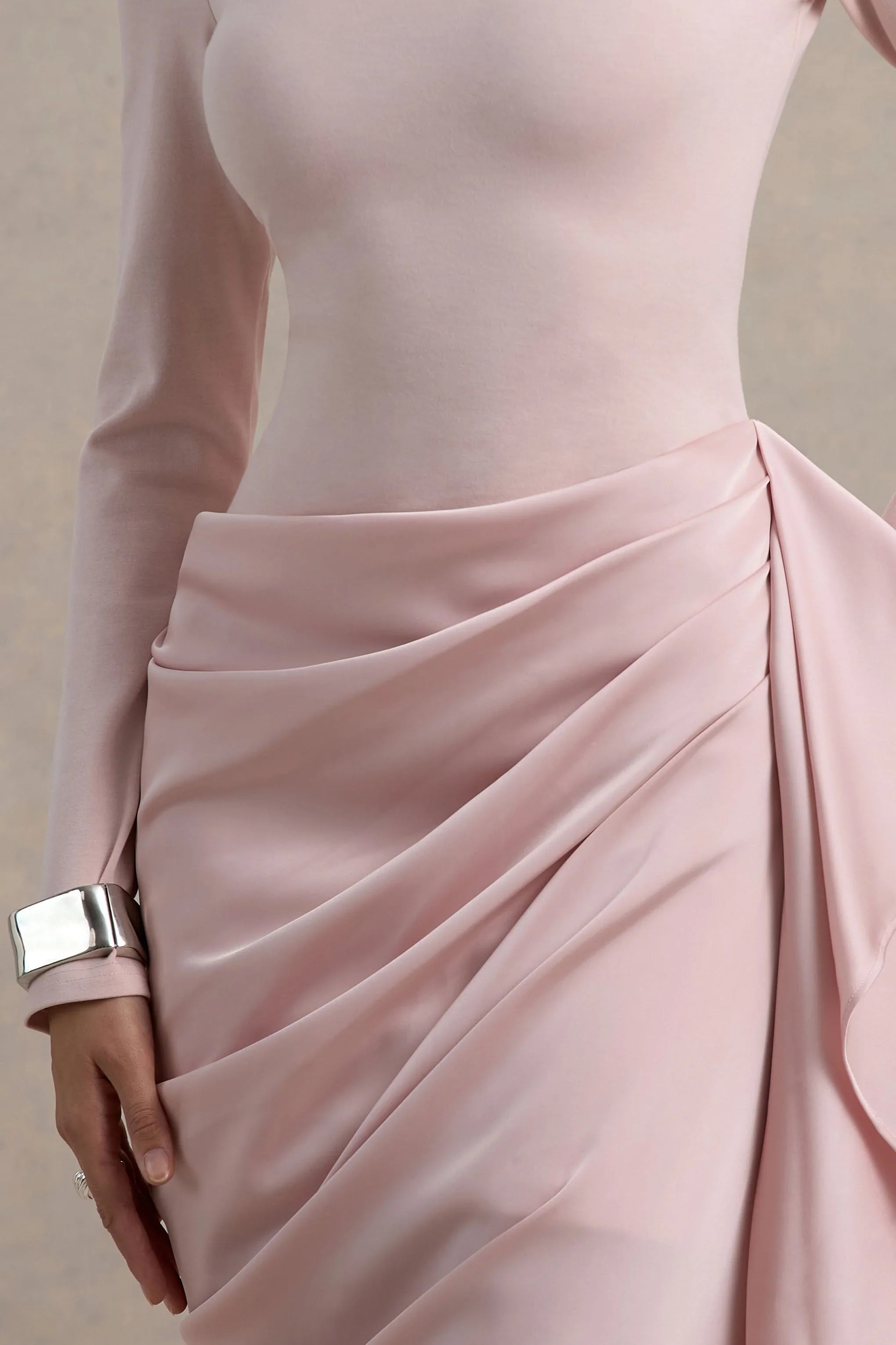 Raffie Pink Long Sleeve Midi Dress With Satin Wrap Skirt