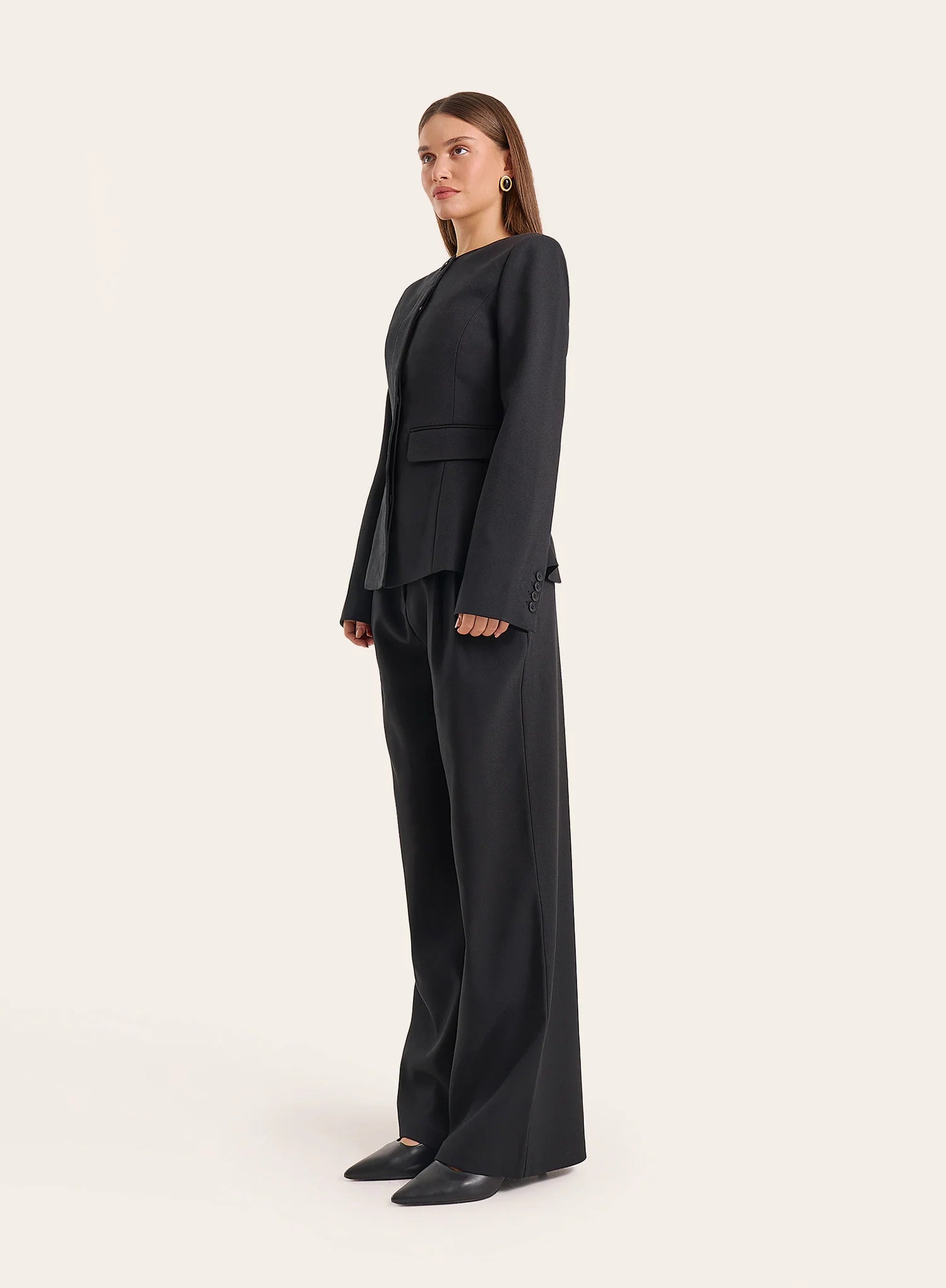 Black Collarless Cinched Waist Tailored Blazer