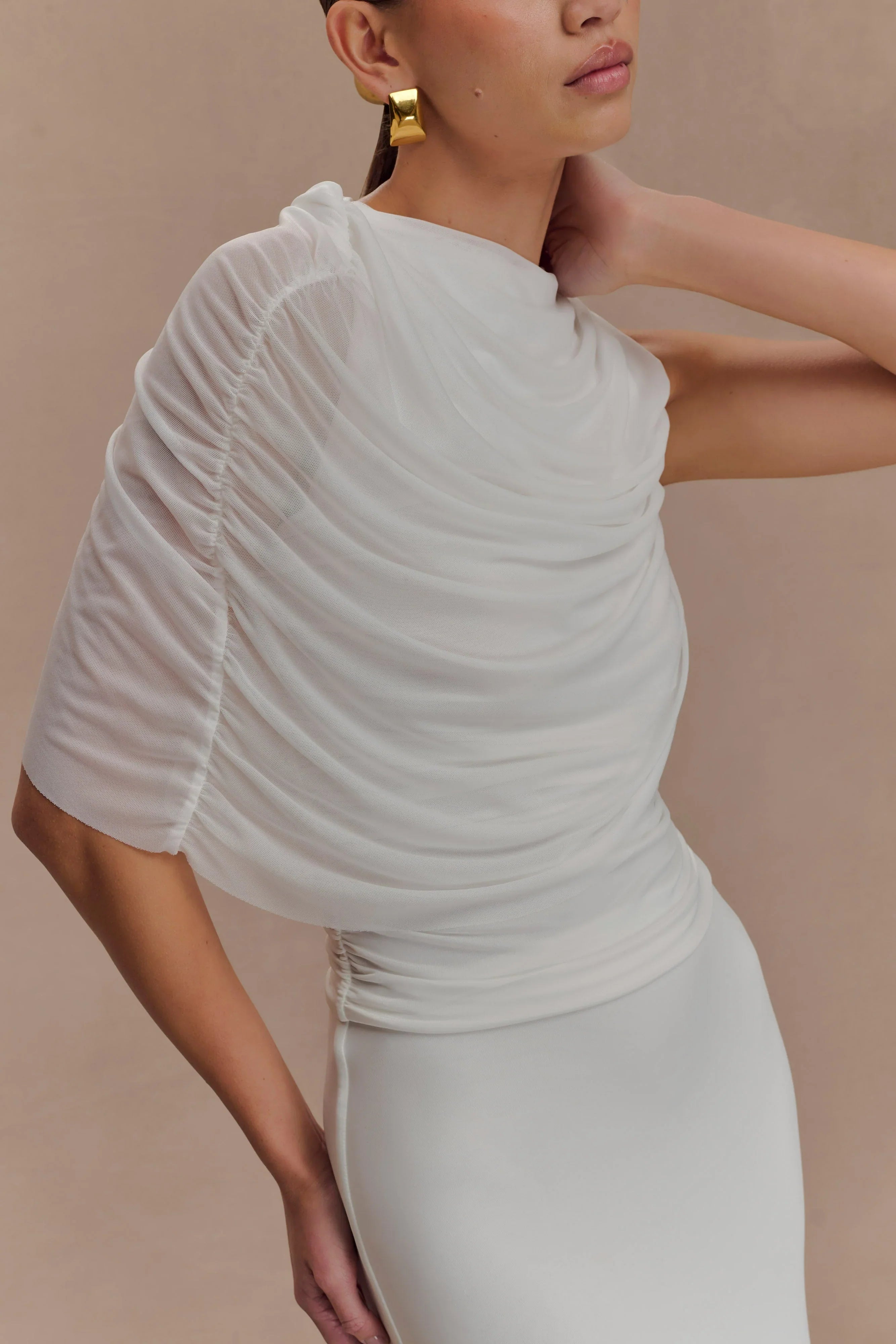 Pruedance Slinky Draped Top With Mesh Overlay White