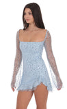 Sequin Flare Long Sleeve Dress in Light Blue