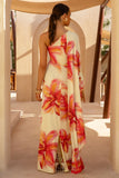 Portia Lemon Lily Print Asymmetric Maxi Dress With Ruched Detail