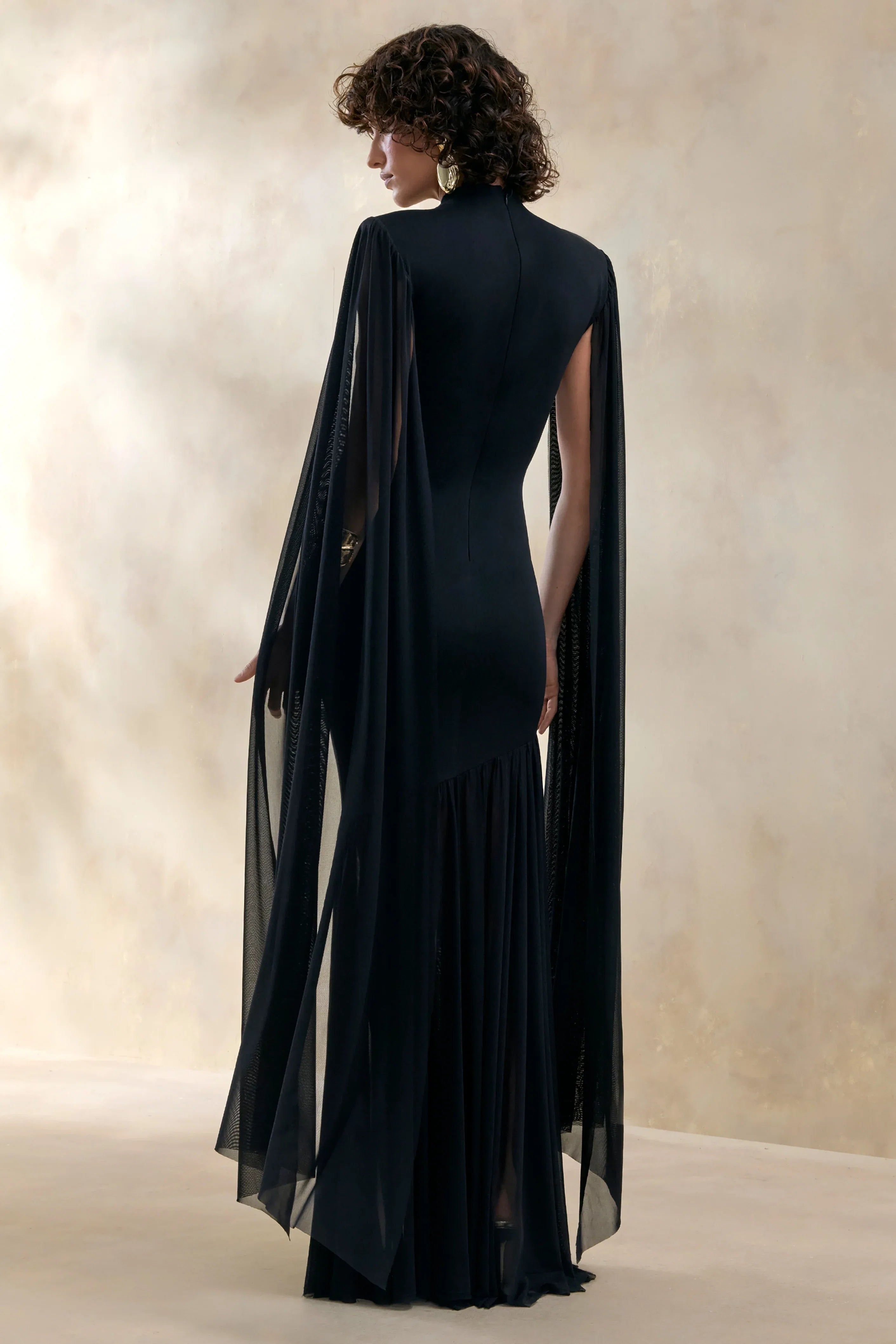 Chantelle Black High Neck Maxi Dress With Drop Waist And Cape Sleeves