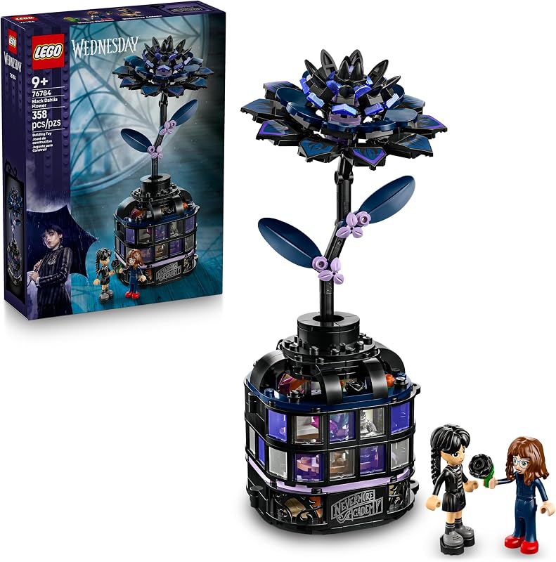 LEGO Wednesday Black Dahlia Flower Building Toy Pretend Play Set for Girls Boys Ages 9 with Wednesday Addams Professor Minidolls Building Blocks for Kids Gift Idea for Birthdays 76784