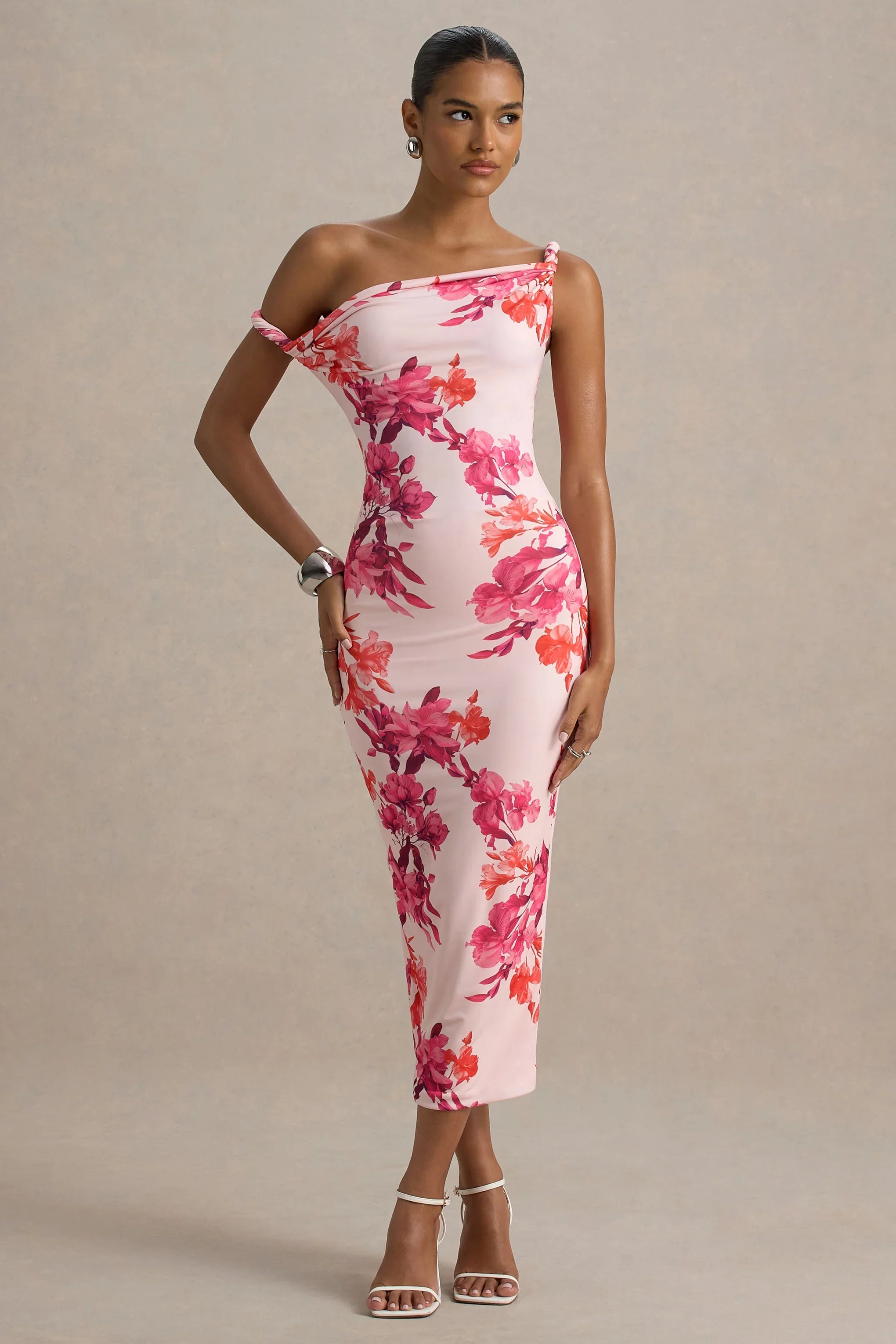 Tatian Pink and Orange Floral Print Twisted Asymmetric Midi Dress
