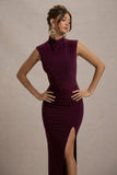 Lanetta Plum Ruched High Neck Maxi Dress With Split